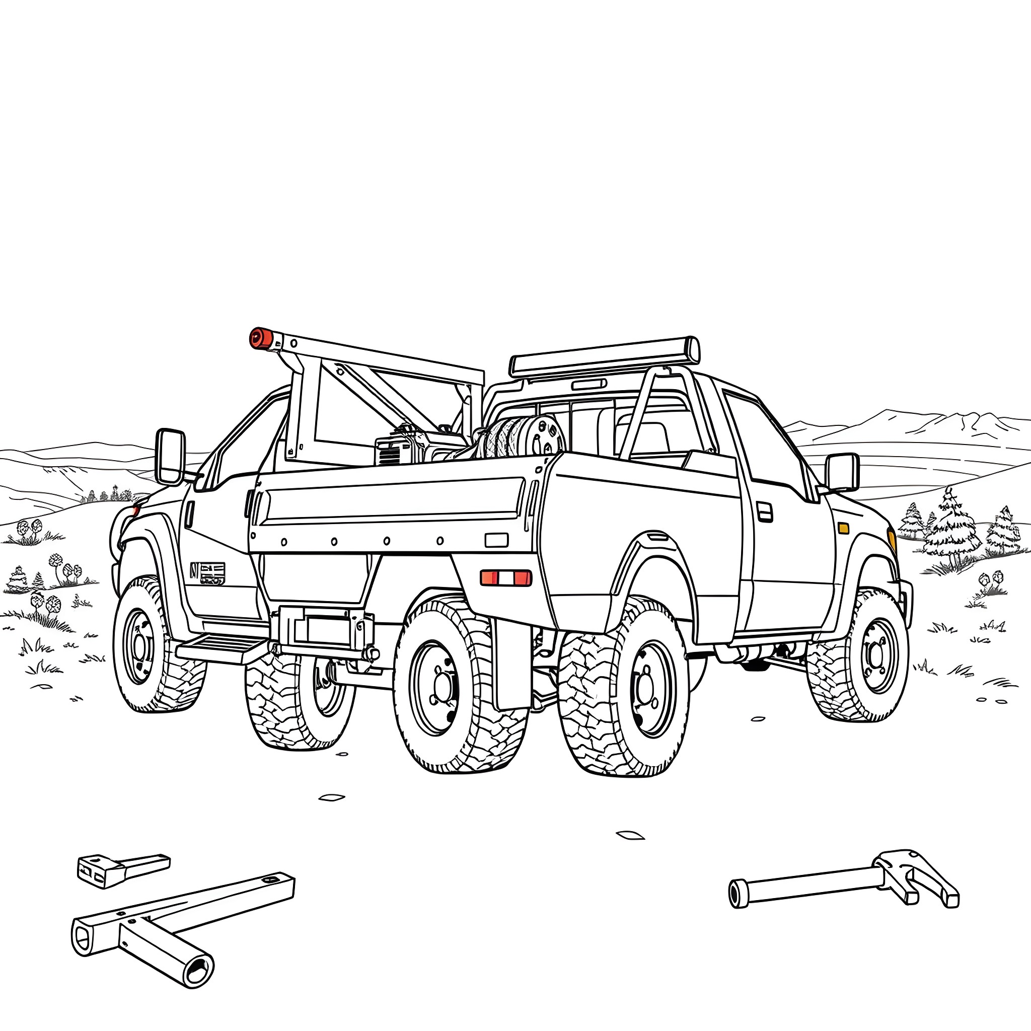 Wrecker Truck Hauling Heavy Duty Vehicle in the Wilderness Coloring Page (free black-and-white line drawing printable PDF for all, from beginners to advanced learners, including children, teens, adults, and seniors)