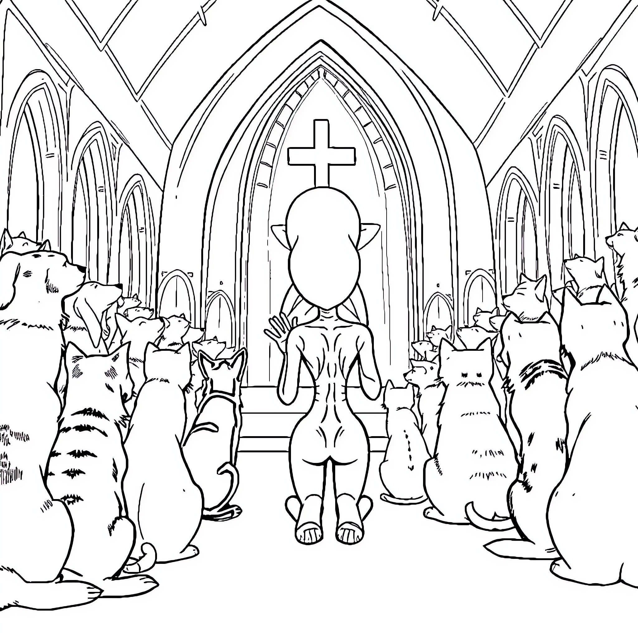 Alien Gathering in the Mystical Cathedral Coloring Page (free black-and-white line drawing printable PDF for all, from beginners to advanced learners, including children, teens, adults, and seniors)