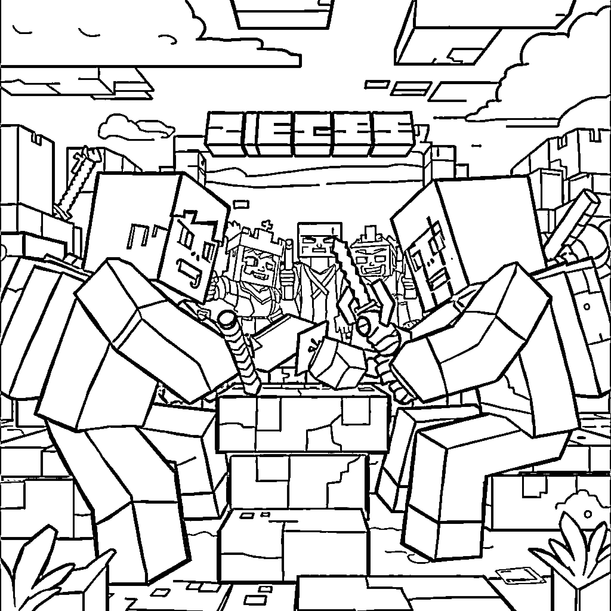 Minecraft Robots and Futuristic City Landscape Coloring Page (free black-and-white line drawing printable PDF for all, from beginners to advanced learners, including children, teens, adults, and seniors)