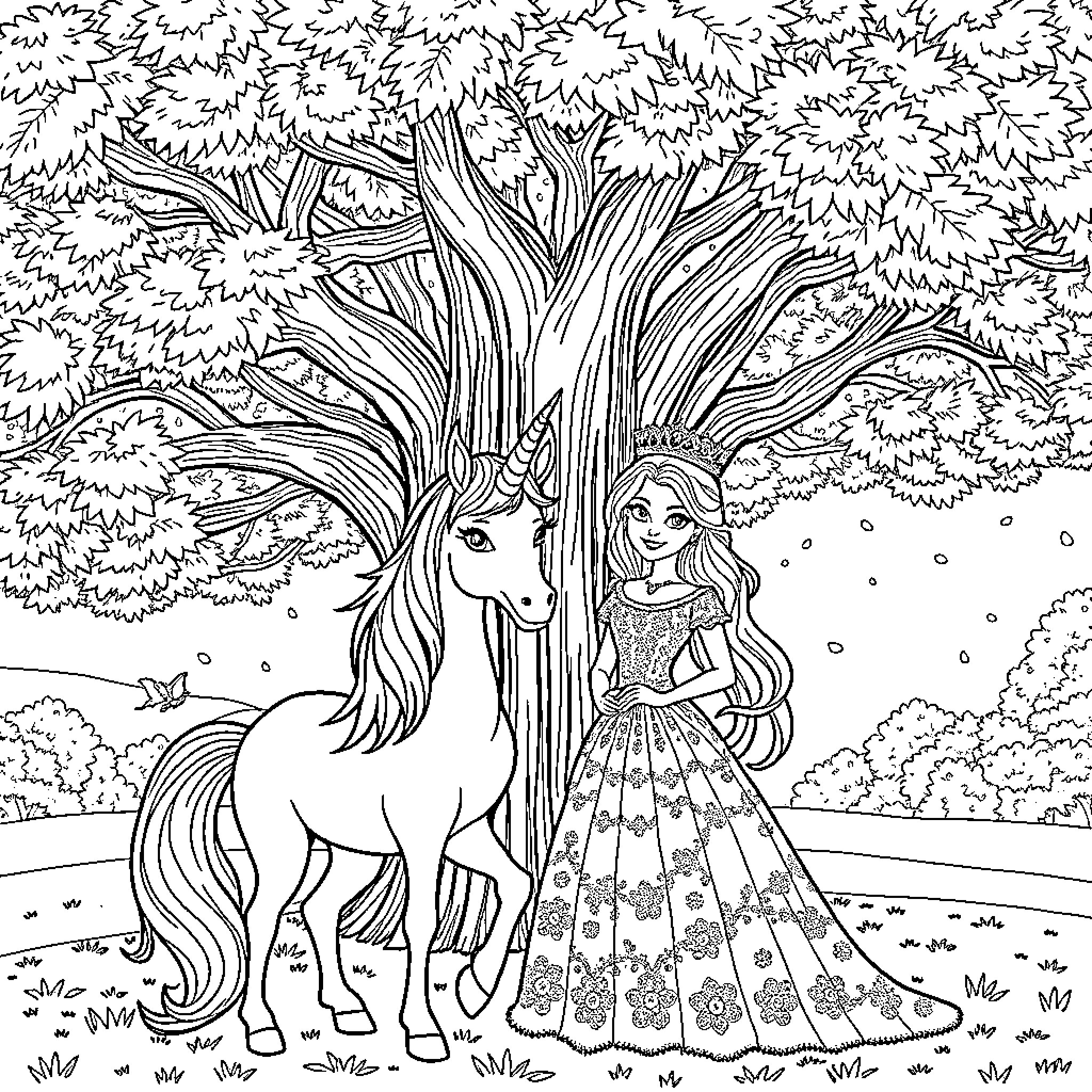 Unicorn and Princess in Enchanted Forest Coloring Page (free black-and-white line drawing printable PDF for all, from beginners to advanced learners, including children, teens, adults, and seniors)