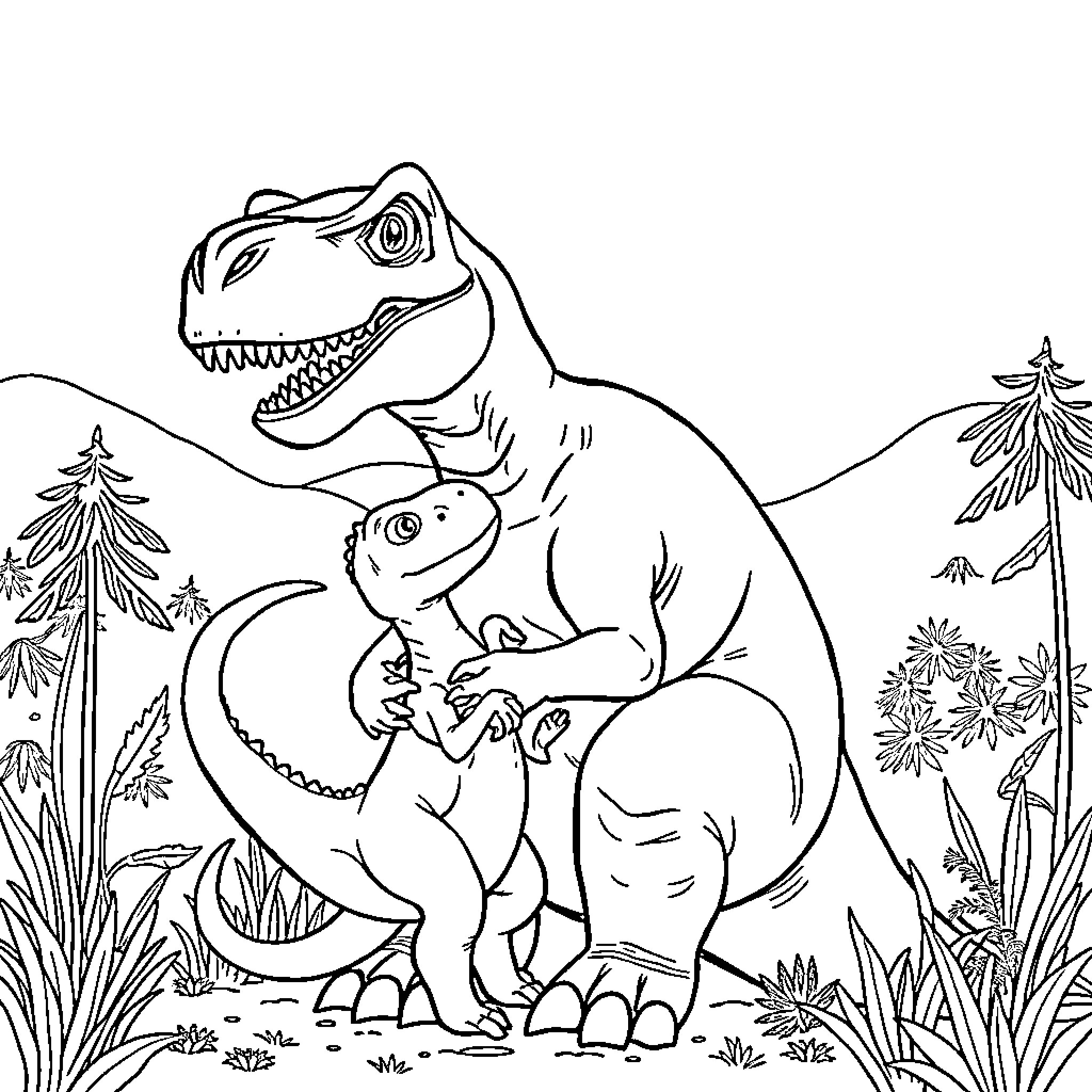 Dinosaurs in a Prehistoric Landscape Coloring Page (free black-and-white line drawing printable PDF for all, from beginners to advanced learners, including children, teens, adults, and seniors)