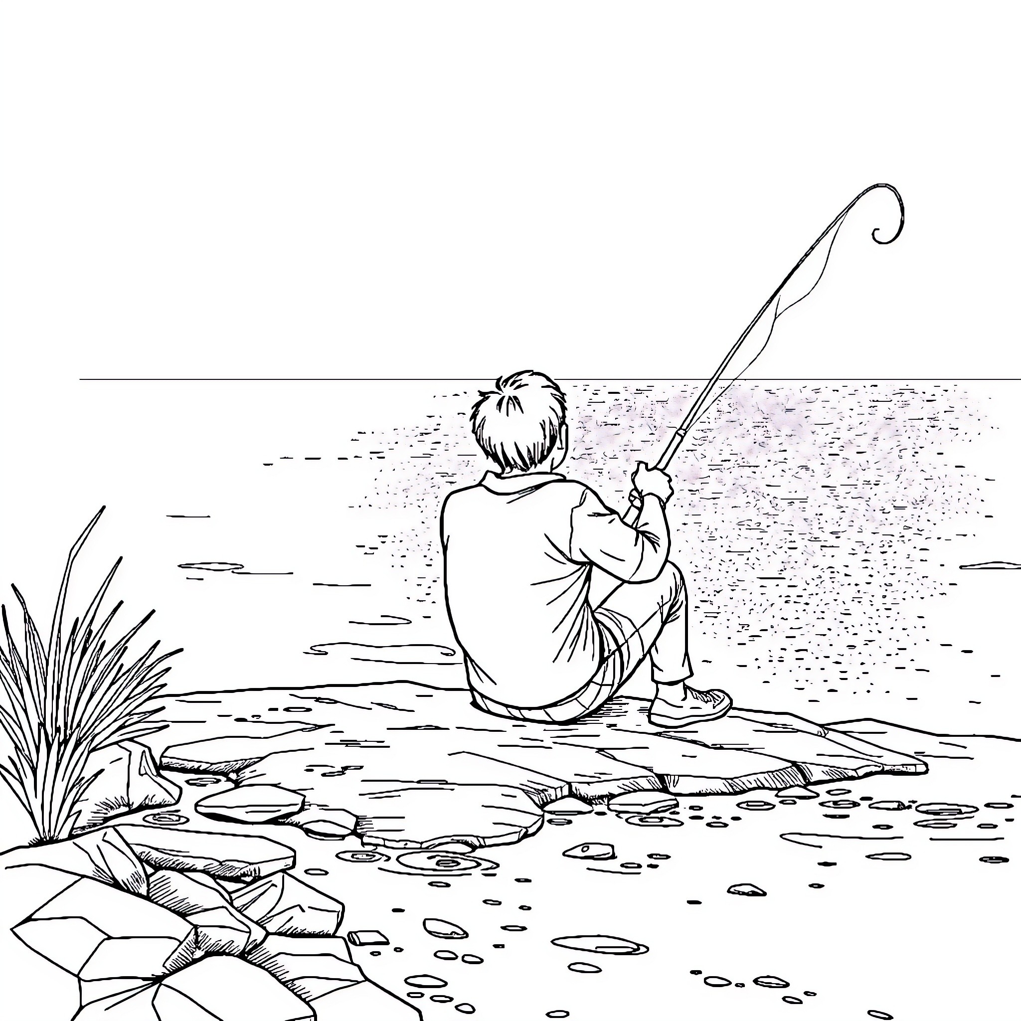 Father fishing peacefully by the riverside Coloring Page (free black-and-white line drawing printable PDF for all, from beginners to advanced learners, including children, teens, adults, and seniors)
