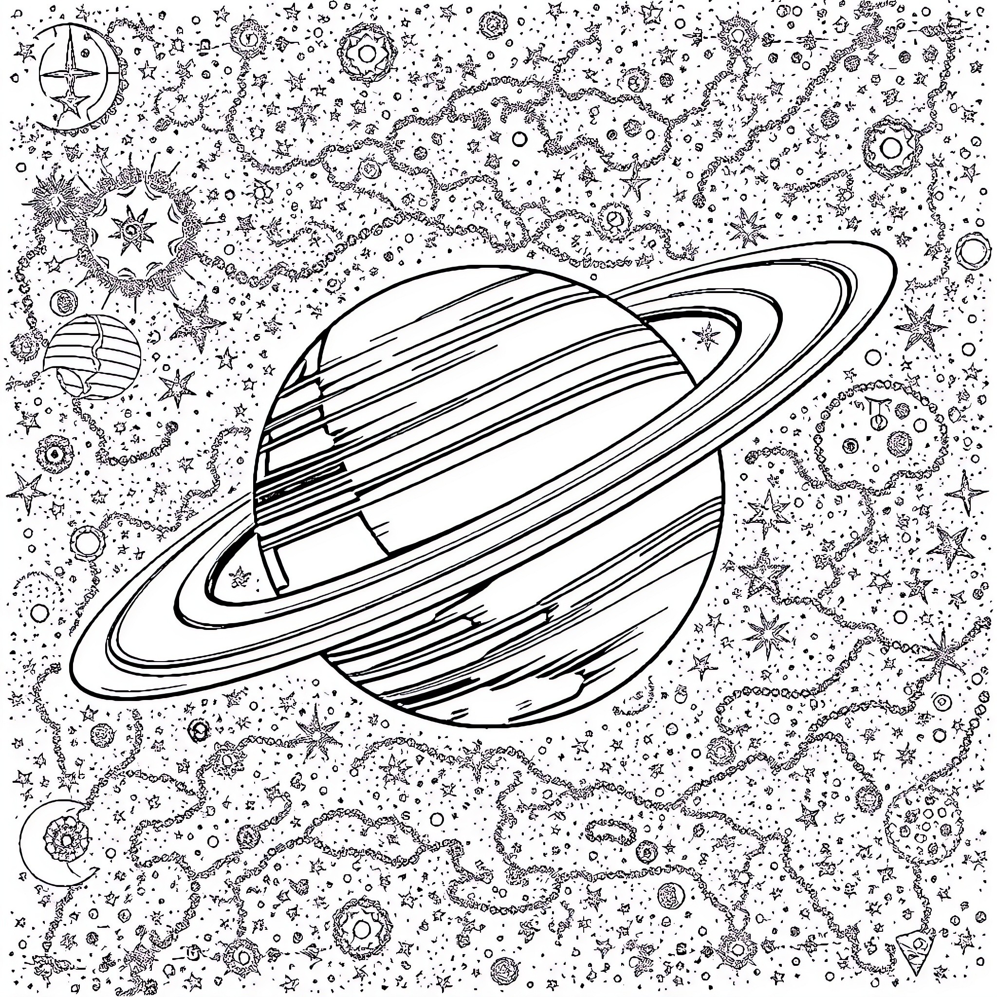 Saturn surrounded by celestial wonders Coloring Page (free black-and-white line drawing printable PDF for all, from beginners to advanced learners, including children, teens, adults, and seniors)