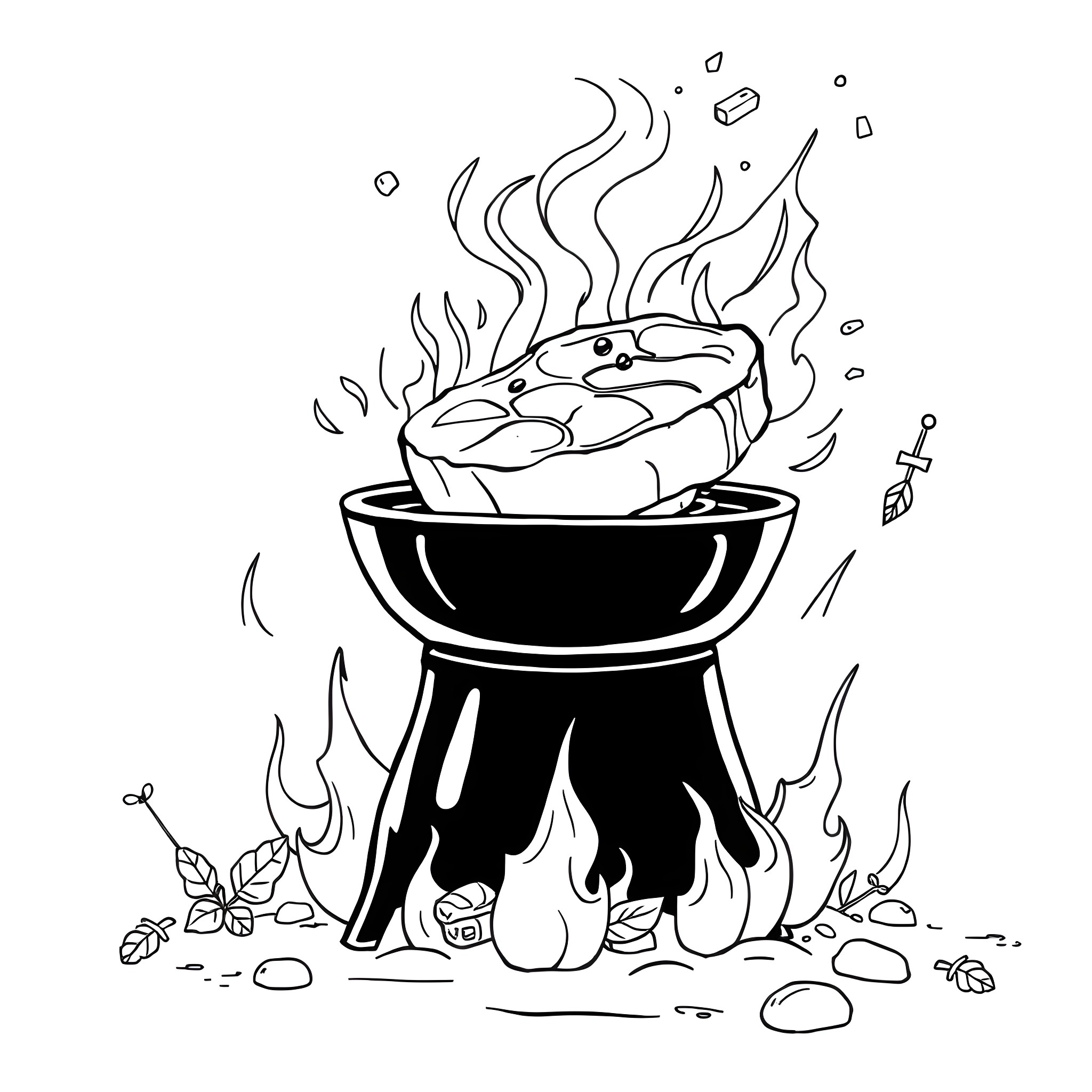 Steak sizzling on a campfire Coloring Page (free black-and-white line drawing printable PDF for all, from beginners to advanced learners, including children, teens, adults, and seniors)