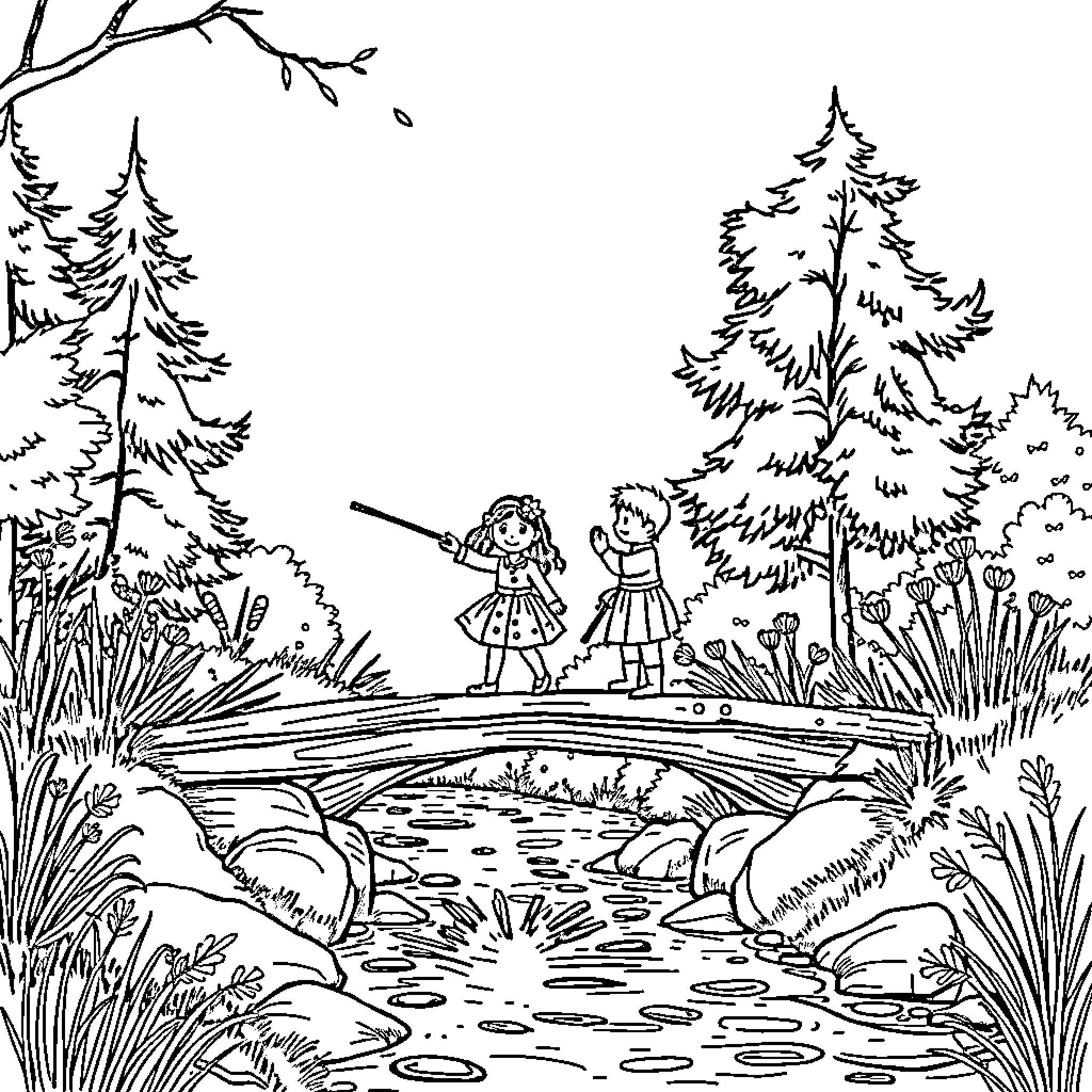 Family enjoying nature in the forest Coloring Page (free black-and-white line drawing printable PDF for all, from beginners to advanced learners, including children, teens, adults, and seniors)