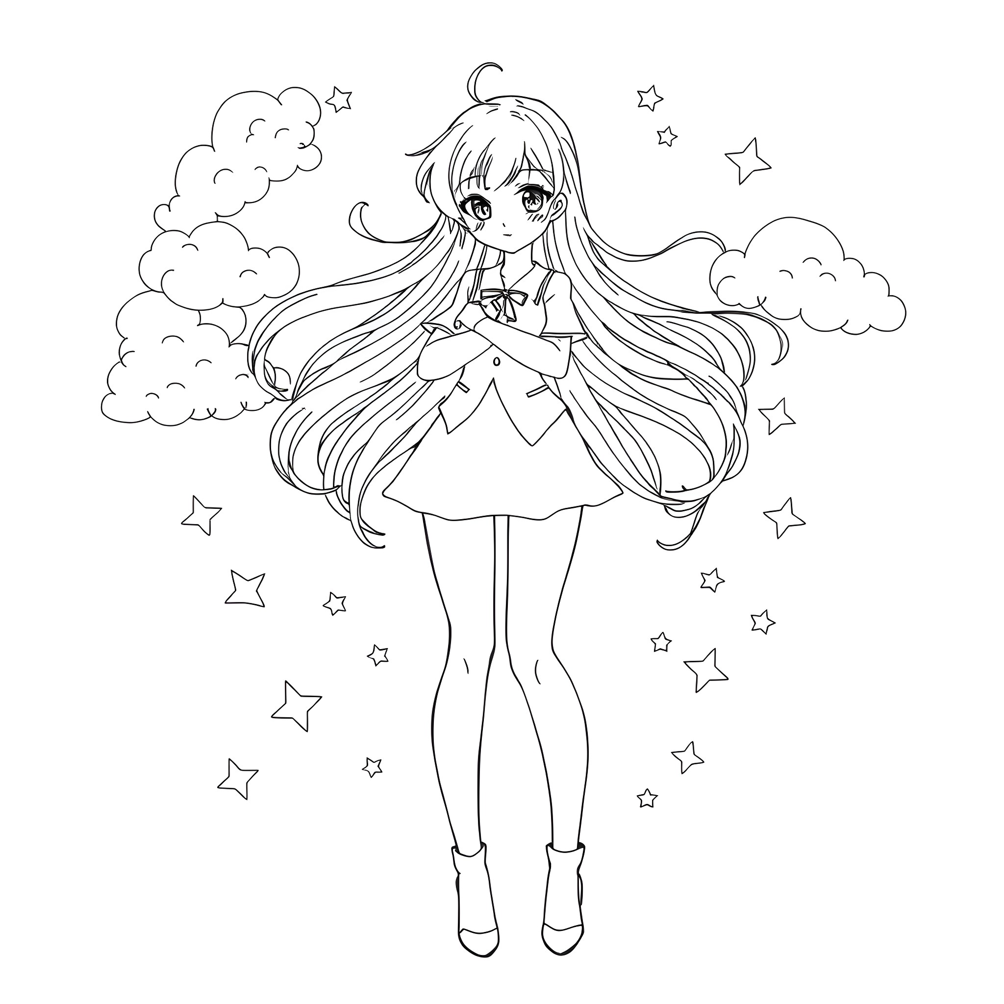 Anime Girl Gazes Dreamily Amidst Starry Night Clouds Coloring Page (free black-and-white line drawing printable PDF for all, from beginners to advanced learners, including children, teens, adults, and seniors)