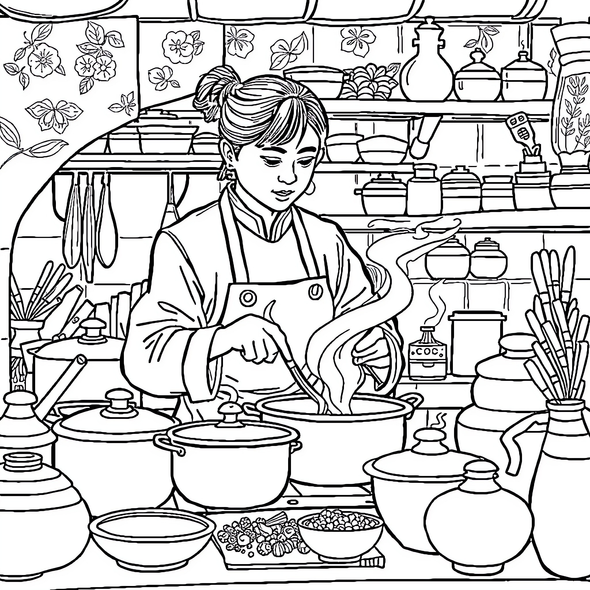 Meng Yao cooking in a traditional kitchen Coloring Page (free black-and-white line drawing printable PDF for all, from beginners to advanced learners, including children, teens, adults, and seniors)