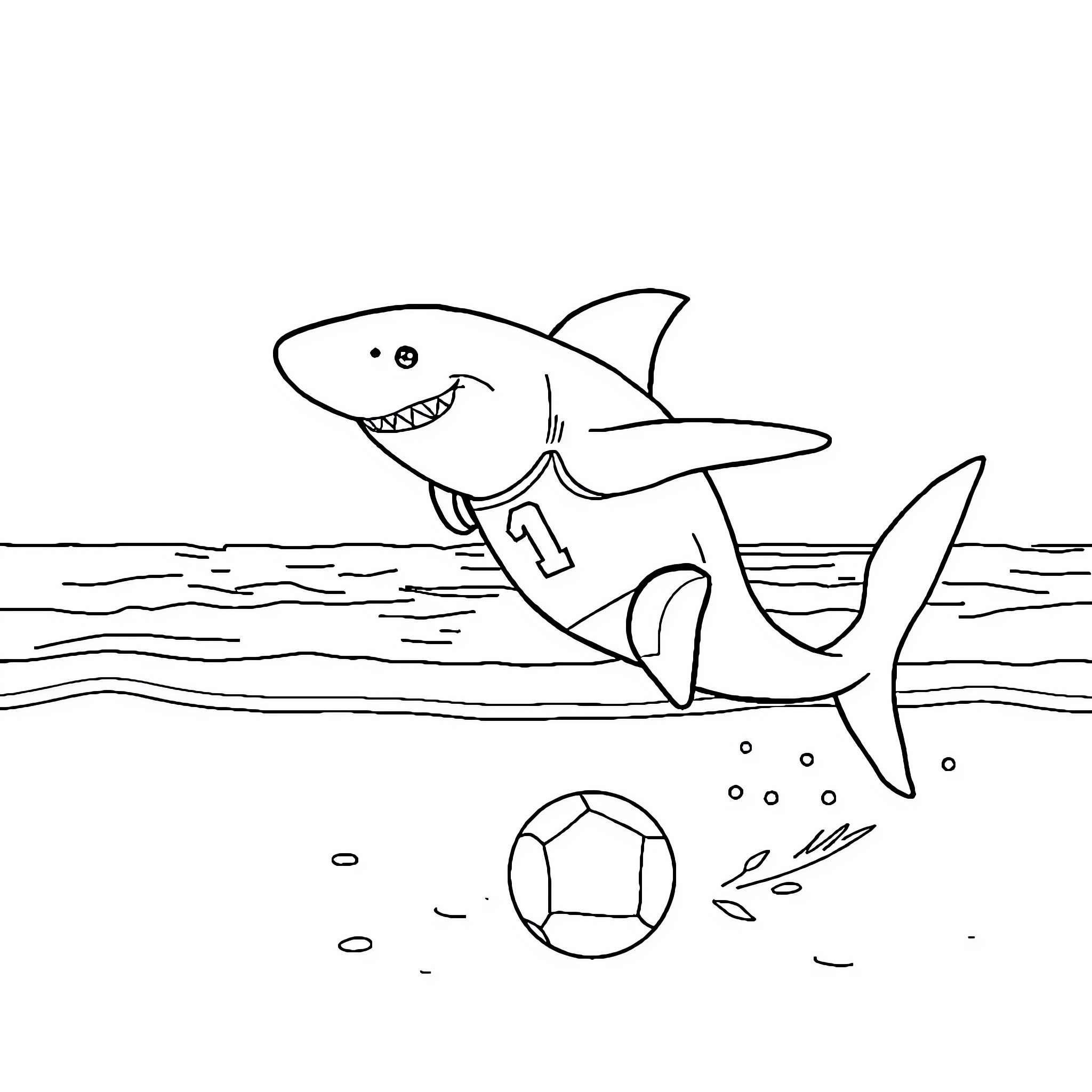 Shark playing with soccer ball underwater Coloring Page (free black-and-white line drawing printable PDF for all, from beginners to advanced learners, including children, teens, adults, and seniors)