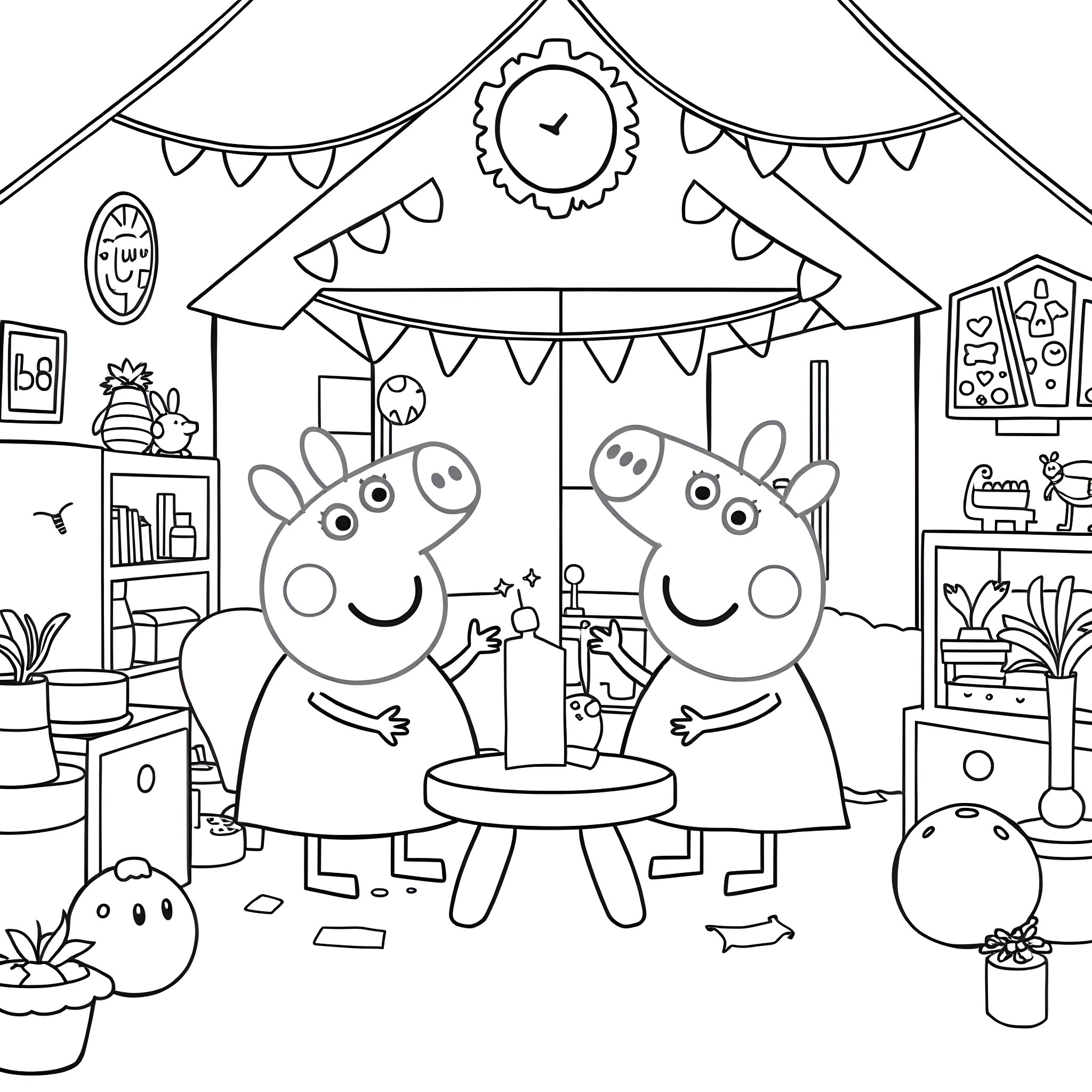 Bluey and friends enjoying a party together Coloring Page (free black-and-white line drawing printable PDF for all, from beginners to advanced learners, including children, teens, adults, and seniors)