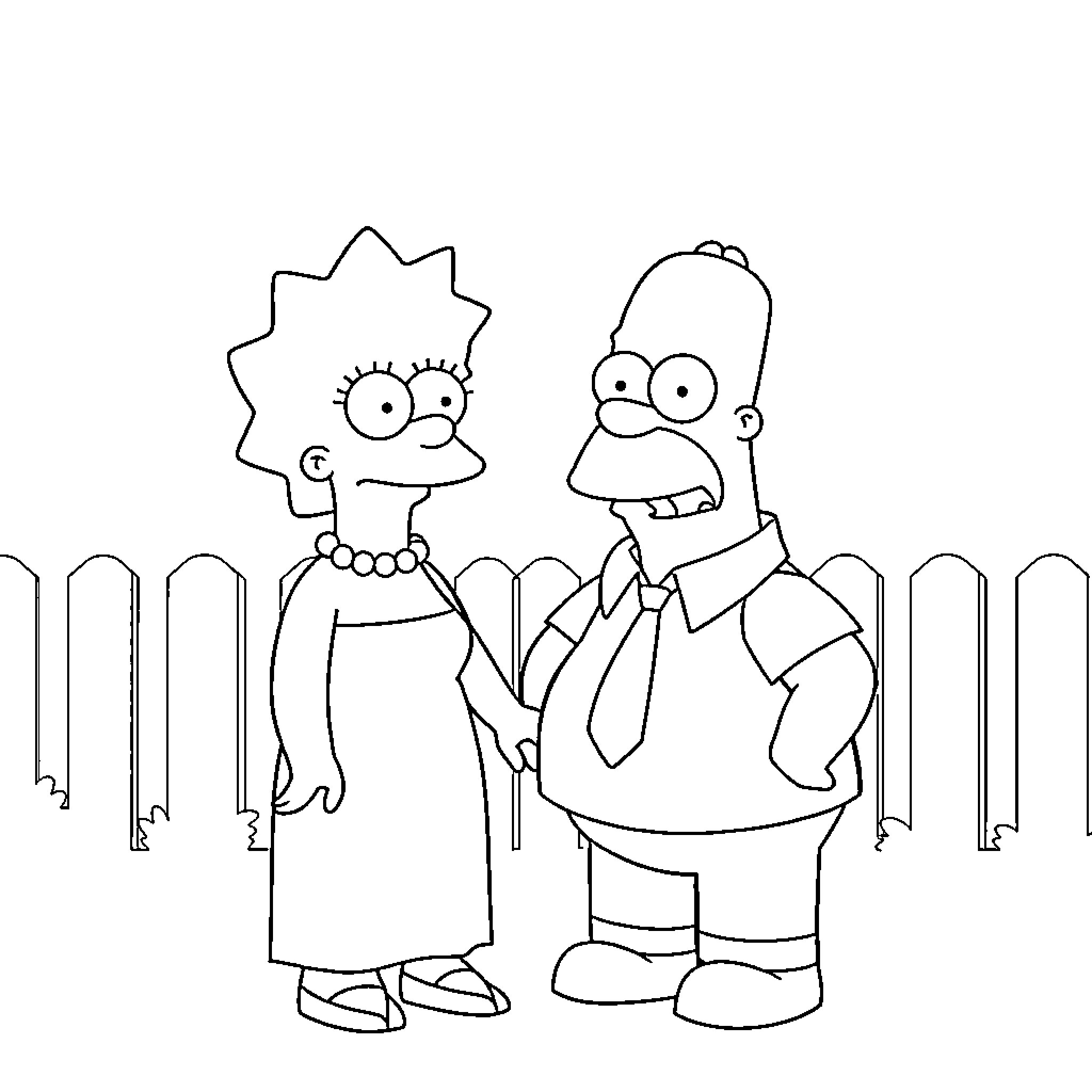 Marge Simpson and Homer Simpson in a simple illustration Coloring Page (free black-and-white line drawing printable PDF for all, from beginners to advanced learners, including children, teens, adults, and seniors)