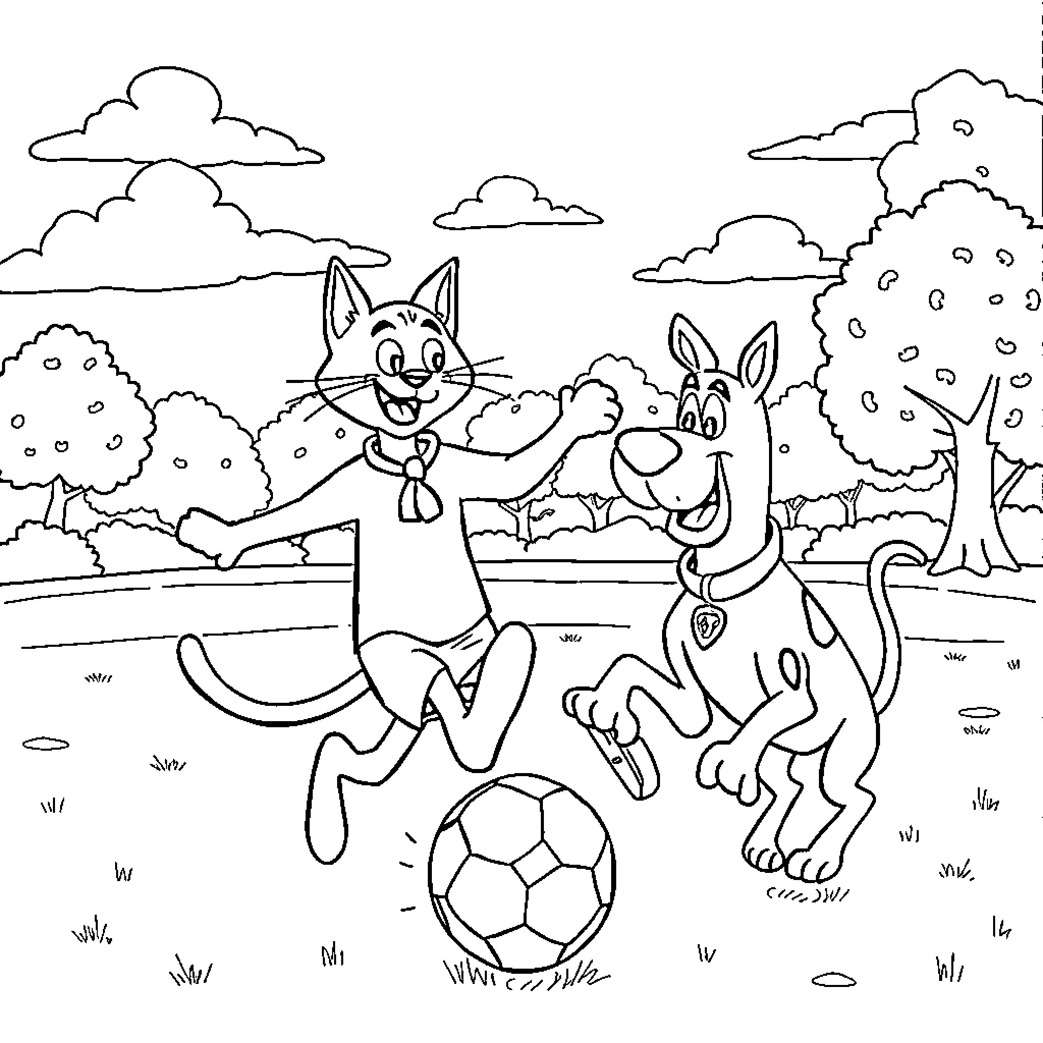 Pete the Cat playing soccer with a friend Coloring Page (free black-and-white line drawing printable PDF for all, from beginners to advanced learners, including children, teens, adults, and seniors)