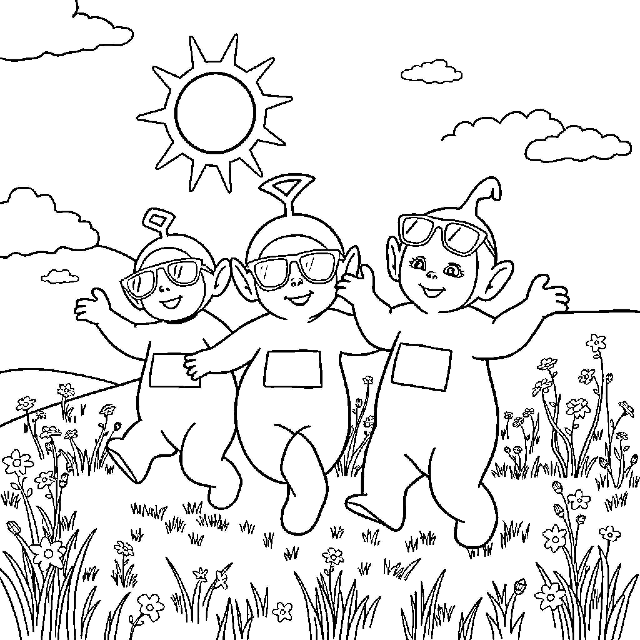Teletubby characters celebrating under the sun Coloring Page (free black-and-white line drawing printable PDF for all, from beginners to advanced learners, including children, teens, adults, and seniors)
