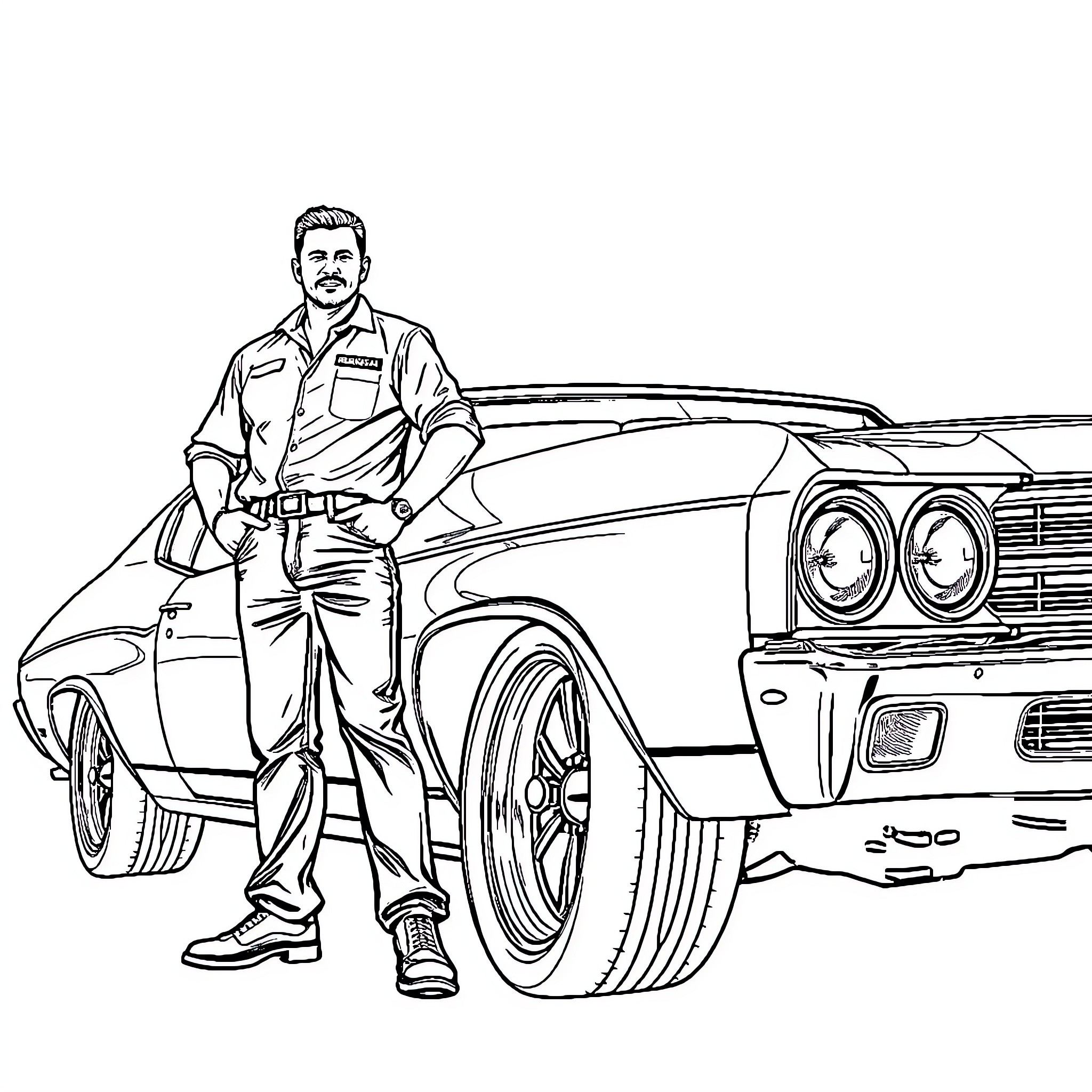 Man standing confidently beside vintage muscle car Coloring Page (free black-and-white line drawing printable PDF for all, from beginners to advanced learners, including children, teens, adults, and seniors)