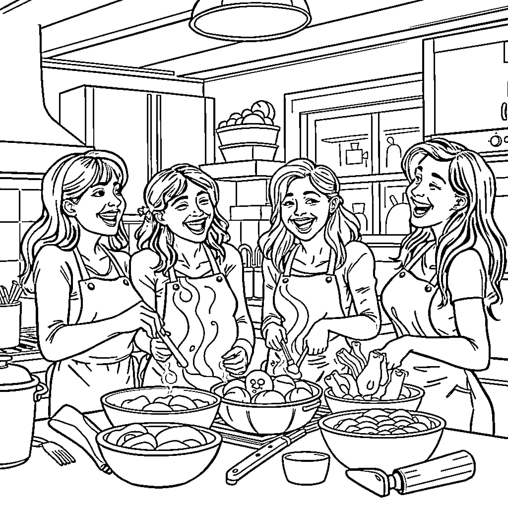 Friend's delightful cooking adventure in the kitchen Coloring Page (free black-and-white line drawing printable PDF for all, from beginners to advanced learners, including children, teens, adults, and seniors)