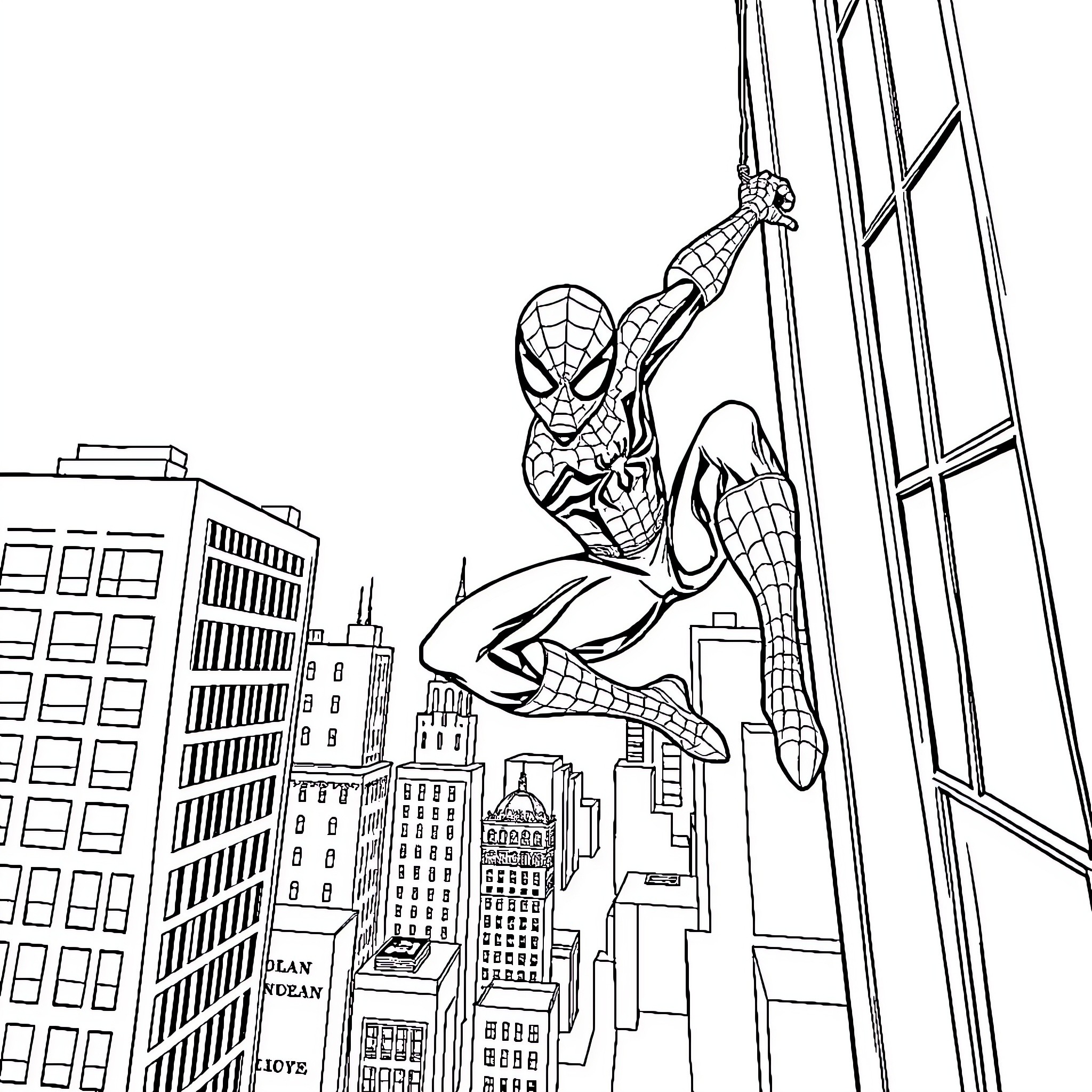 Spider-Man swinging through the city skyline Coloring Page (free black-and-white line drawing printable PDF for all, from beginners to advanced learners, including children, teens, adults, and seniors)