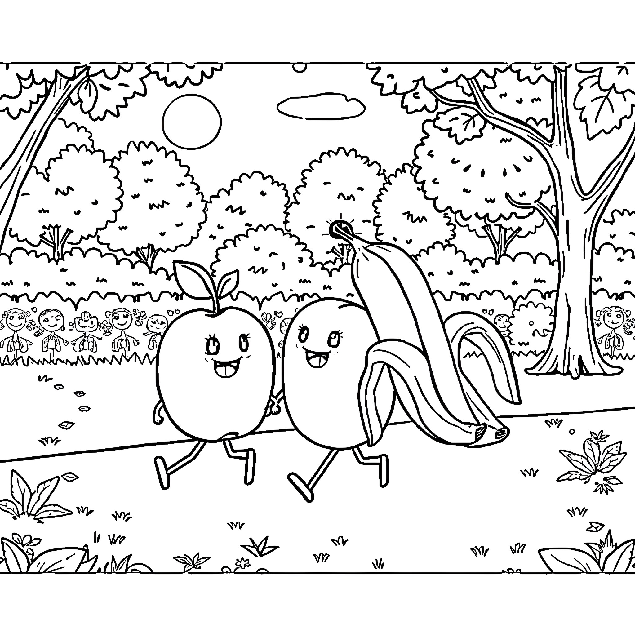Fruit characters enjoying a nature scene Coloring Page (free black-and-white line drawing printable PDF for all, from beginners to advanced learners, including children, teens, adults, and seniors)