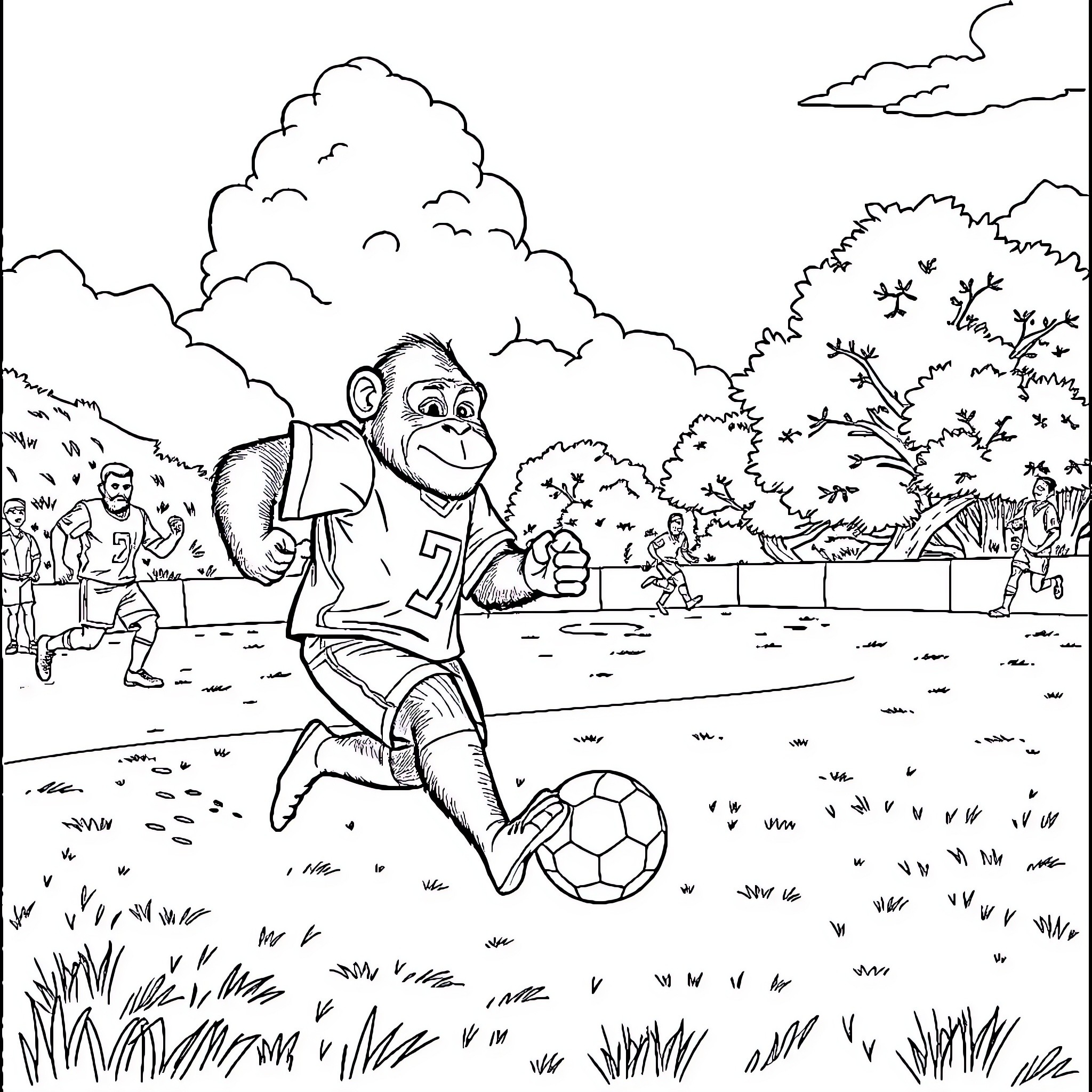 Single Ape Playing with Soccer Ball in Park Coloring Page (free black-and-white line drawing printable PDF for all, from beginners to advanced learners, including children, teens, adults, and seniors)