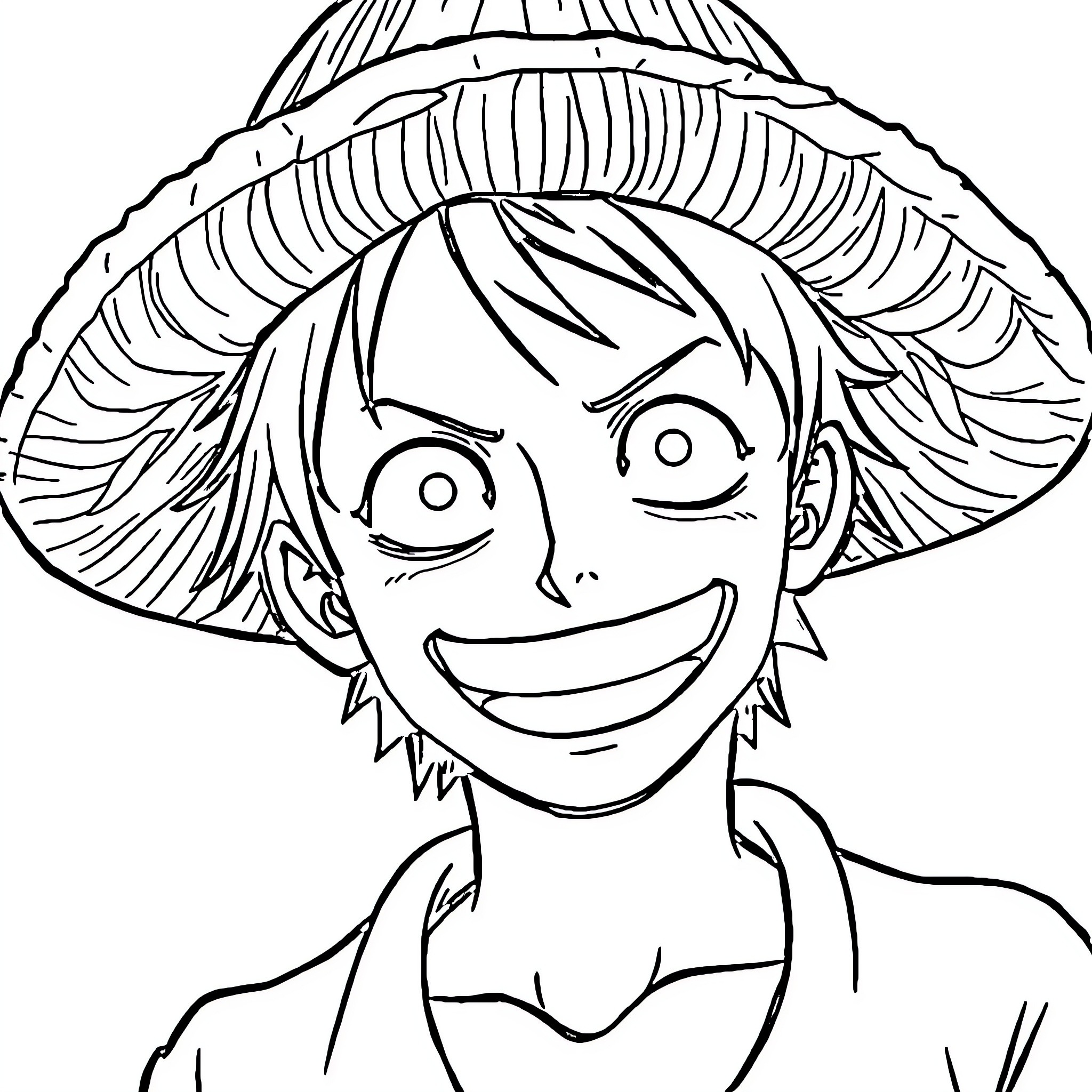 Luffy's Confident Grin and Straw Hat Coloring Page (free black-and-white line drawing printable PDF for all, from beginners to advanced learners, including children, teens, adults, and seniors)