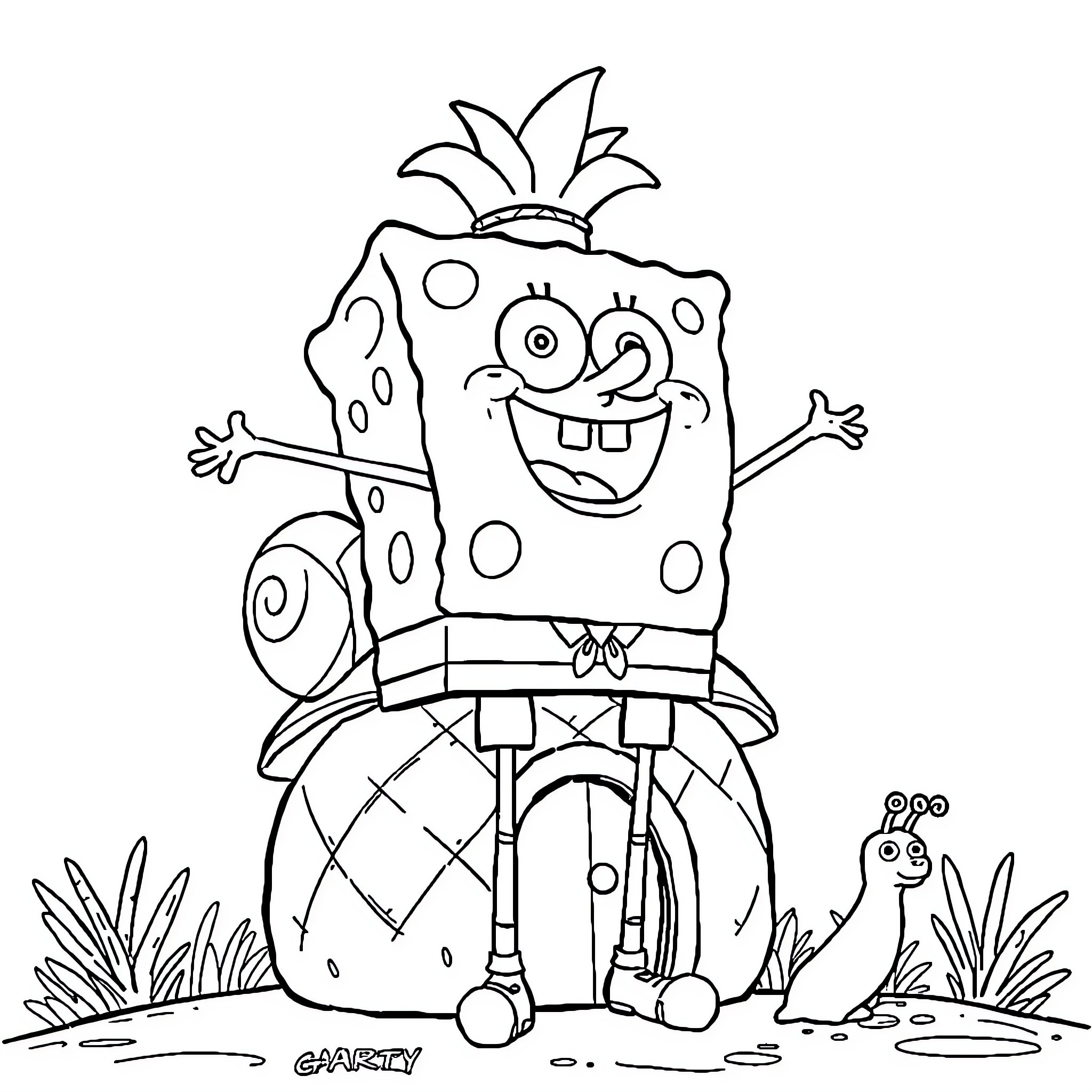 Spongebob enjoying a happy outdoor adventure Coloring Page (free black-and-white line drawing printable PDF for all, from beginners to advanced learners, including children, teens, adults, and seniors)