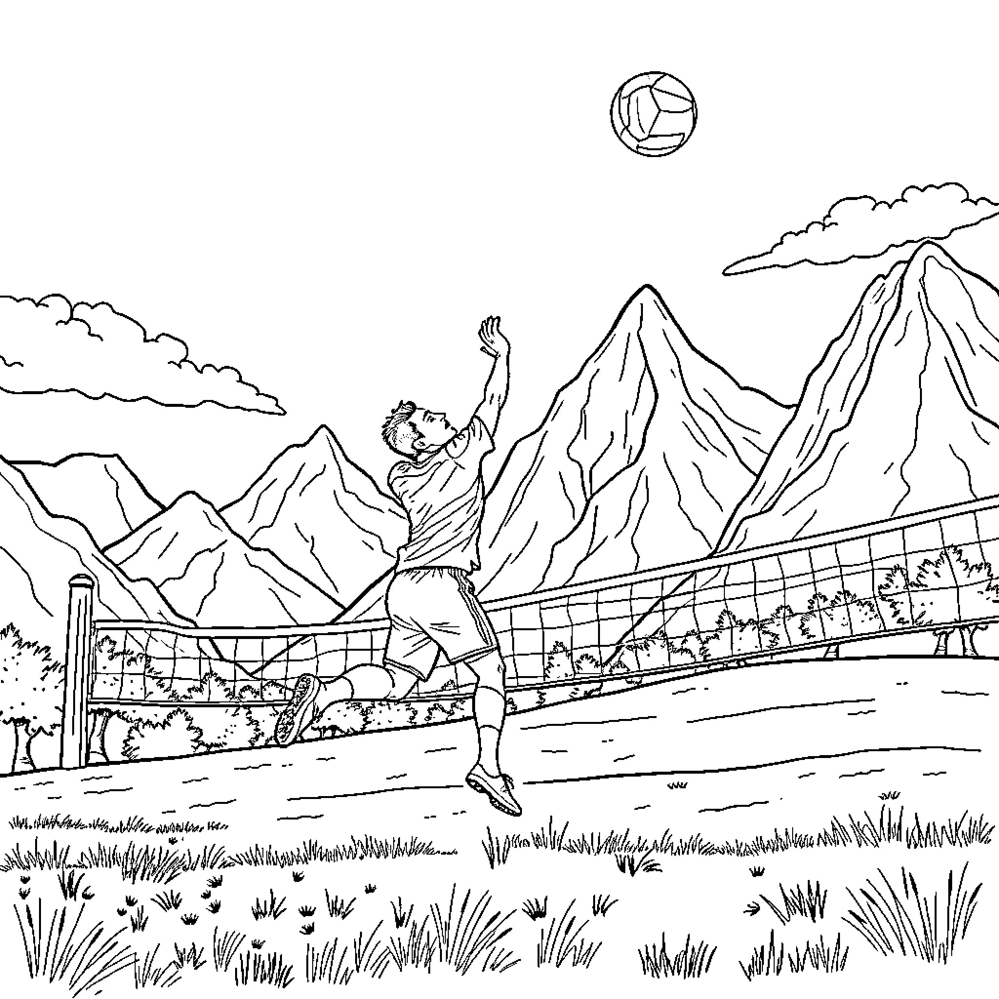 Cristiano Ronaldo playing volleyball in the mountains Coloring Page (free black-and-white line drawing printable PDF for all, from beginners to advanced learners, including children, teens, adults, and seniors)