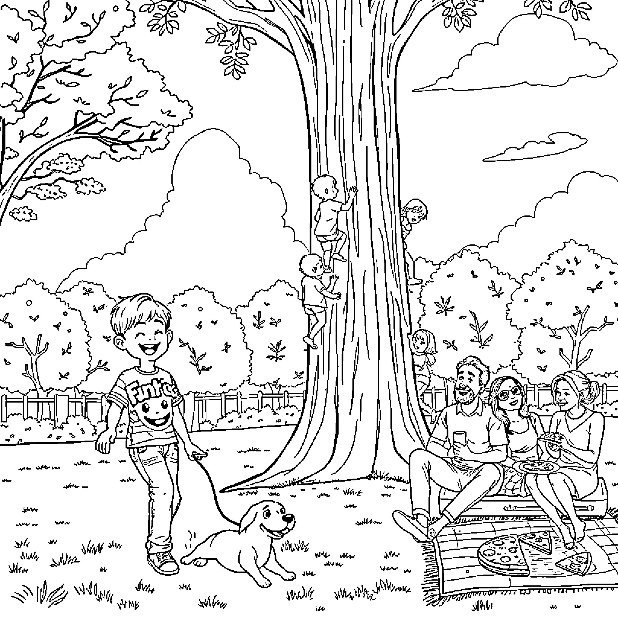 Kid exploring nature with friends and family Coloring Page (free black-and-white line drawing printable PDF for all, from beginners to advanced learners, including children, teens, adults, and seniors)