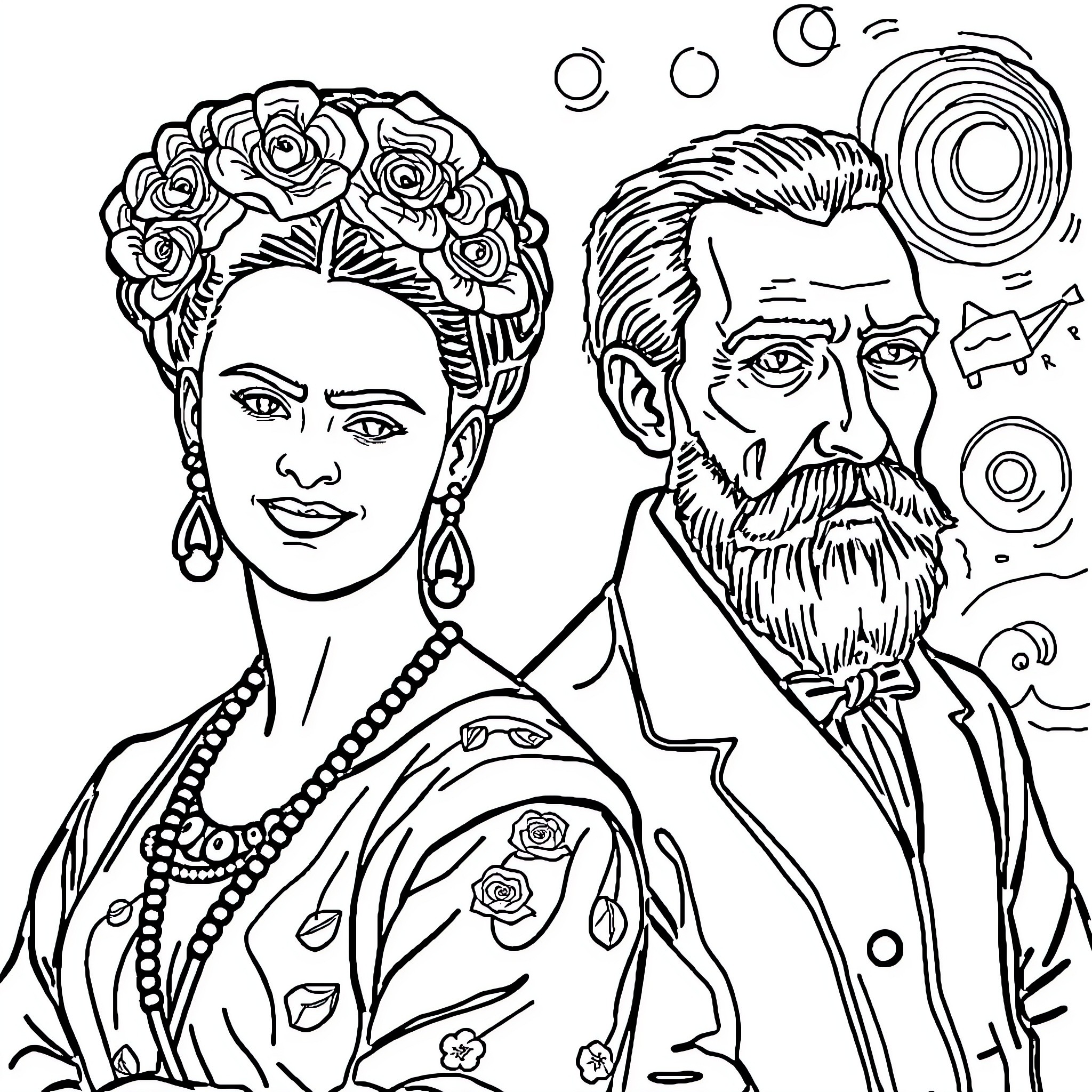 Frida Kahlo and her husband in artistic portrait Coloring Page (free black-and-white line drawing printable PDF for all, from beginners to advanced learners, including children, teens, adults, and seniors)