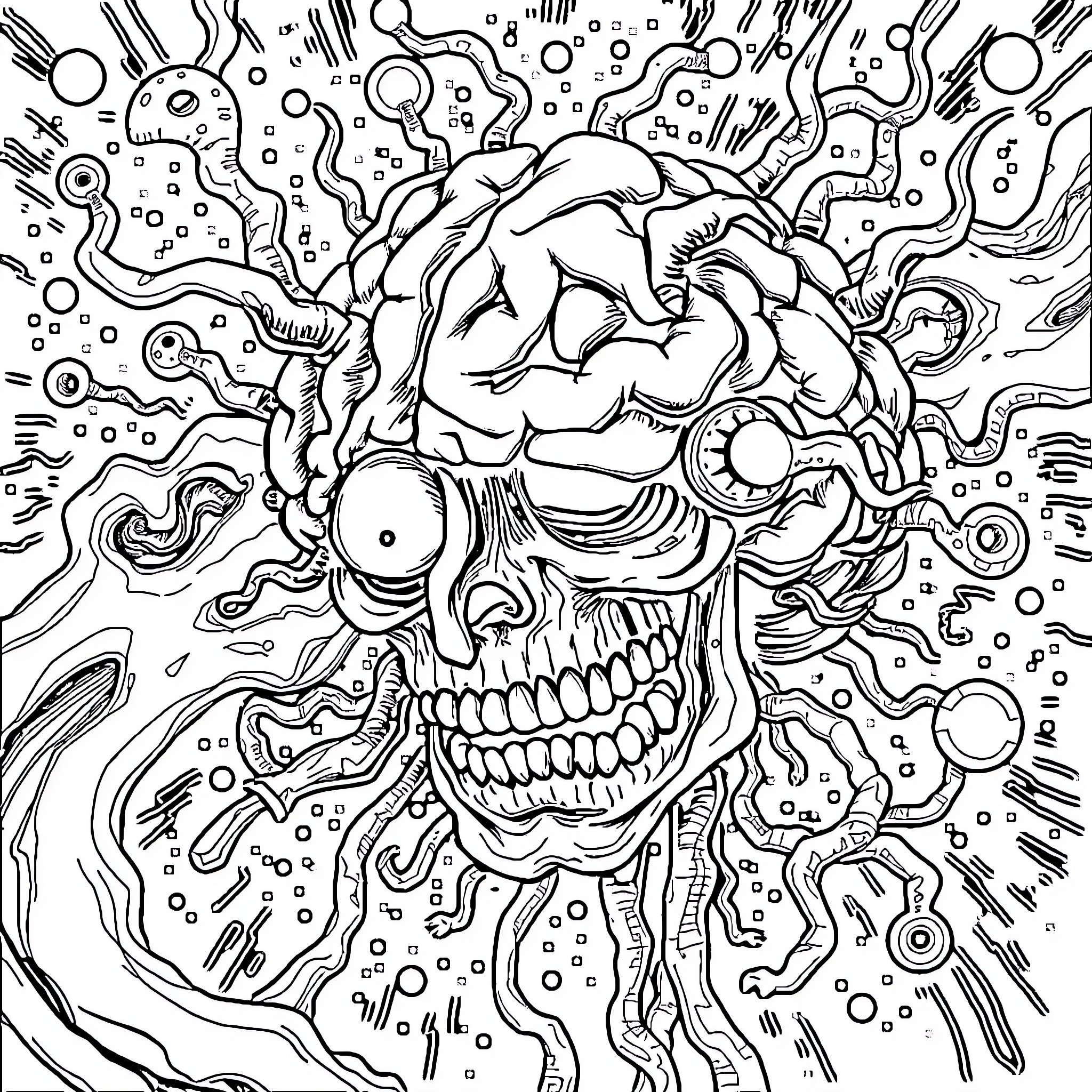Brainrot: Surreal Skull Explosion Coloring Page (free black-and-white line drawing printable PDF for all, from beginners to advanced learners, including children, teens, adults, and seniors)
