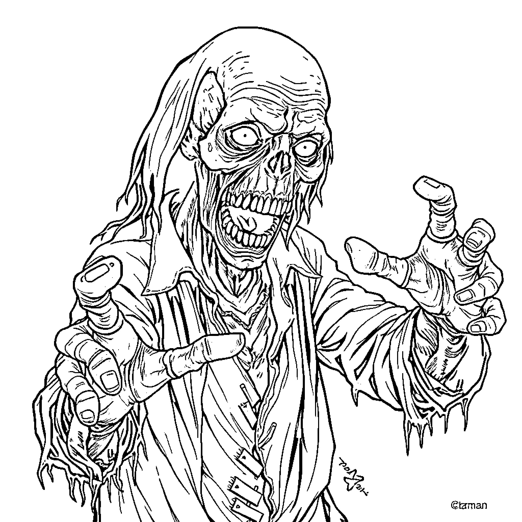 Tarman, the menacing zombie with twisted features Coloring Page (free black-and-white line drawing printable PDF for all, from beginners to advanced learners, including children, teens, adults, and seniors)