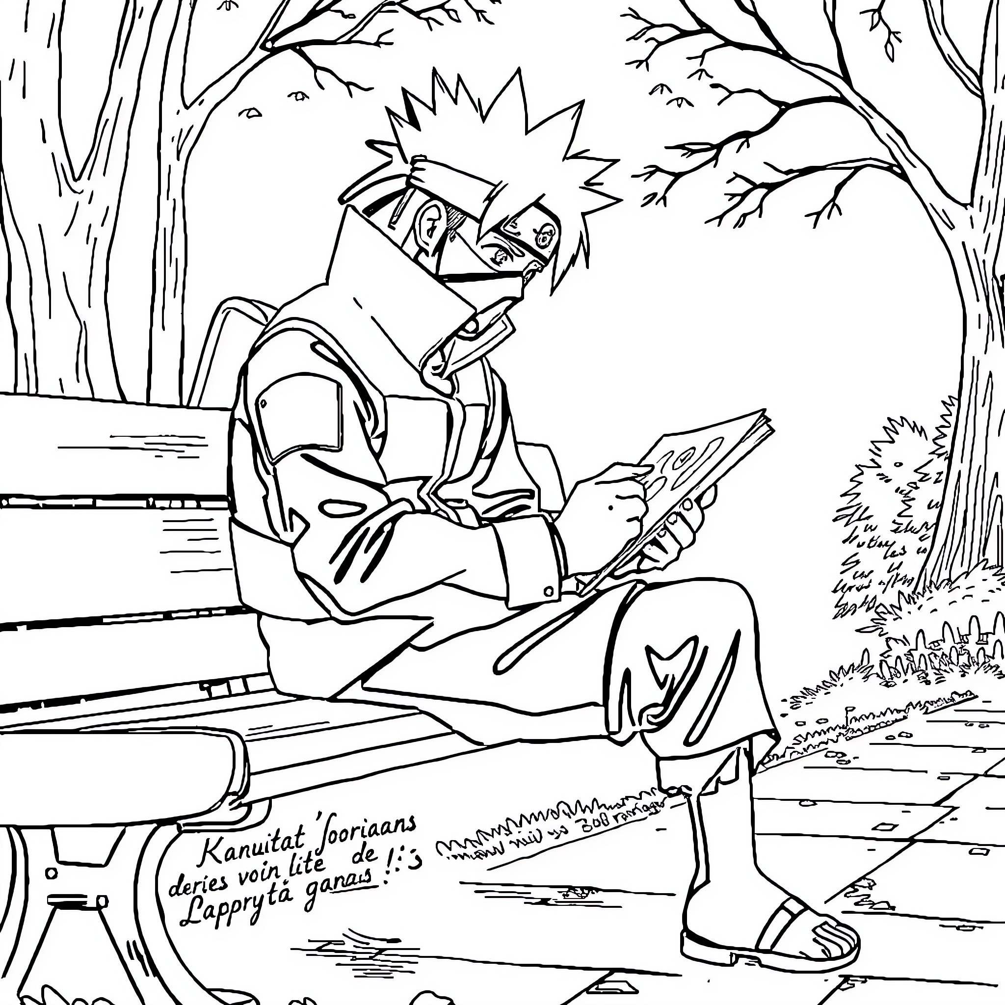 Kakashi reading quietly in the forest Coloring Page (free black-and-white line drawing printable PDF for all, from beginners to advanced learners, including children, teens, adults, and seniors)