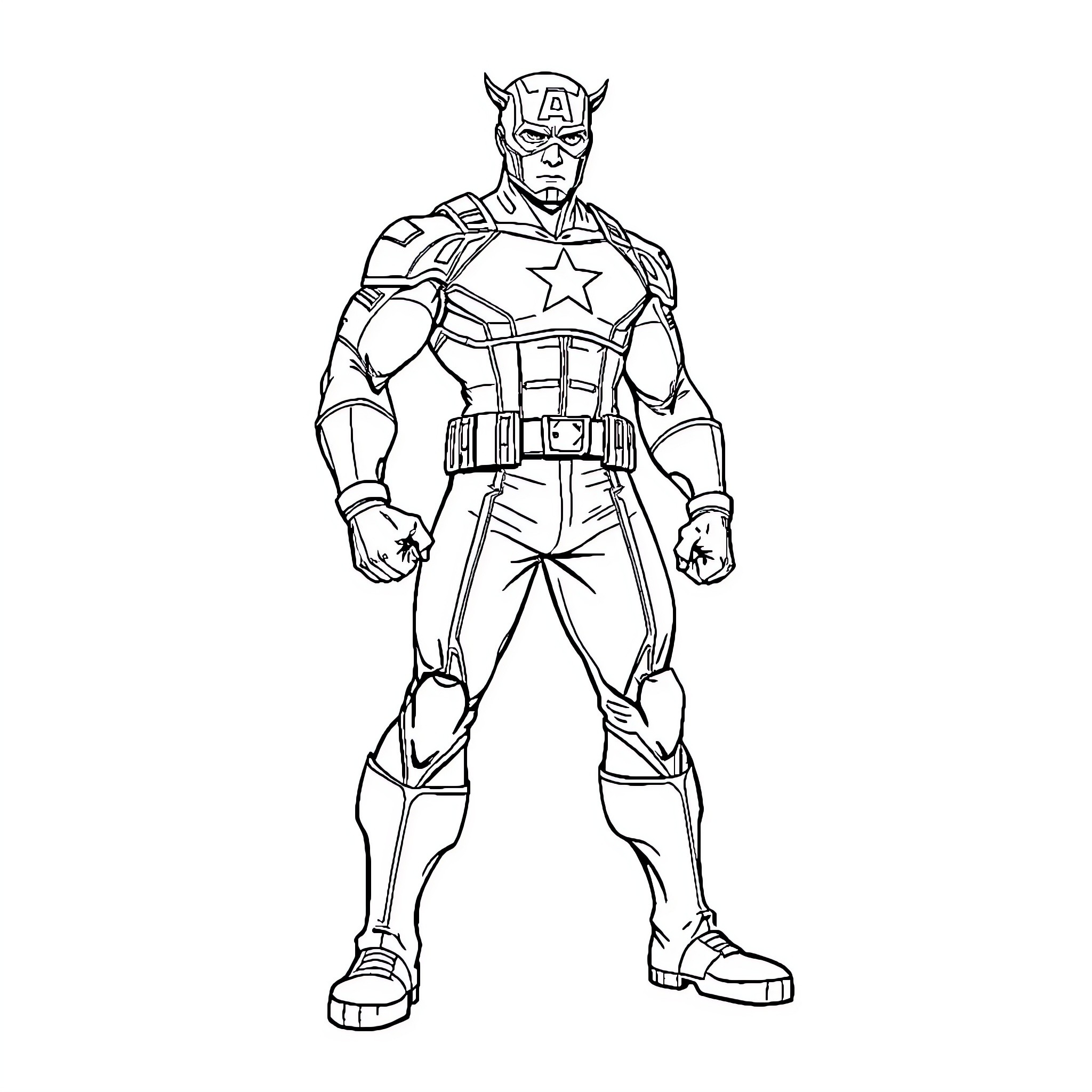 Avenger in Heroic Pose with Distinctive Costume Coloring Page (free black-and-white line drawing printable PDF for all, from beginners to advanced learners, including children, teens, adults, and seniors)