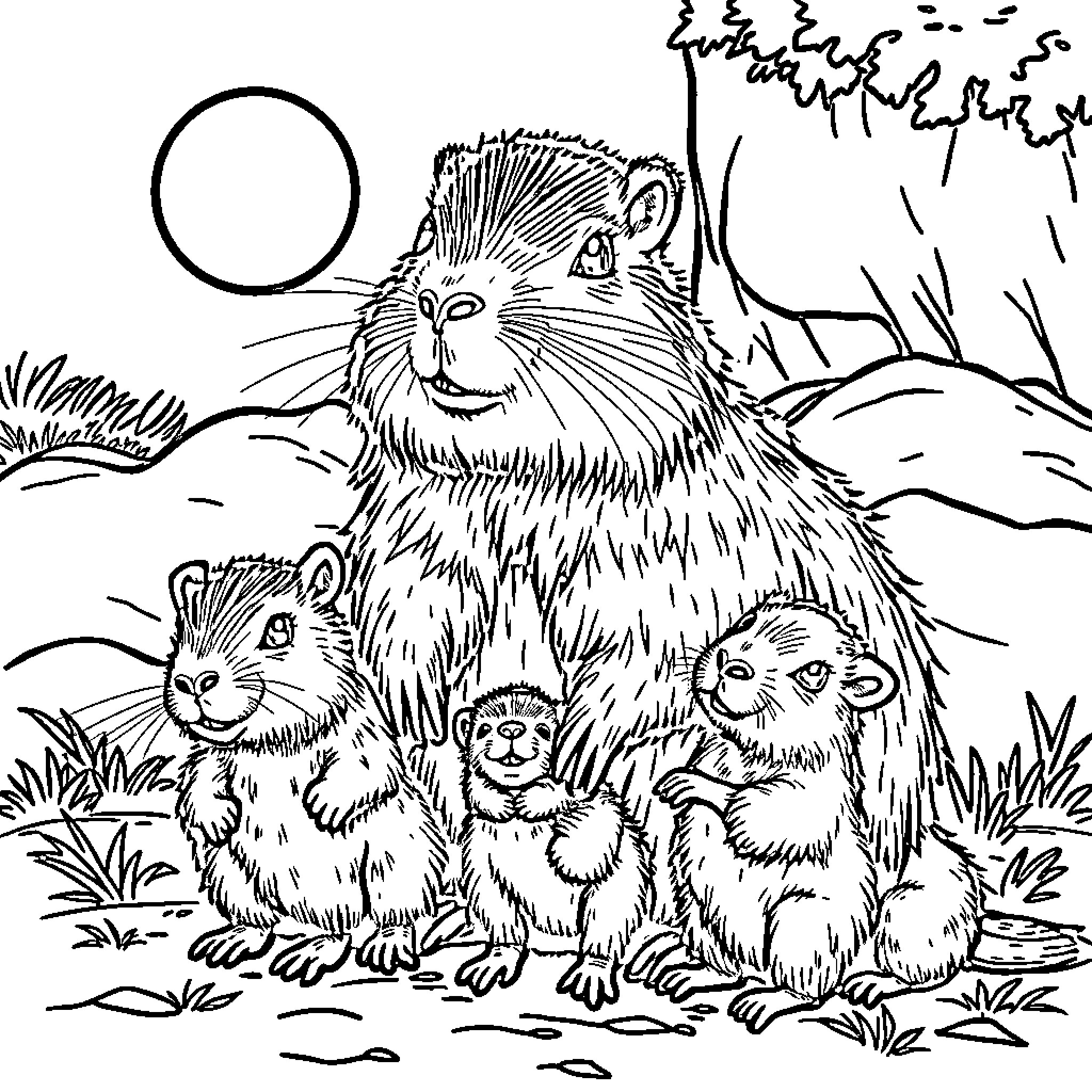 Capybara family enjoying the outdoors Coloring Page (free black-and-white line drawing printable PDF for all, from beginners to advanced learners, including children, teens, adults, and seniors)