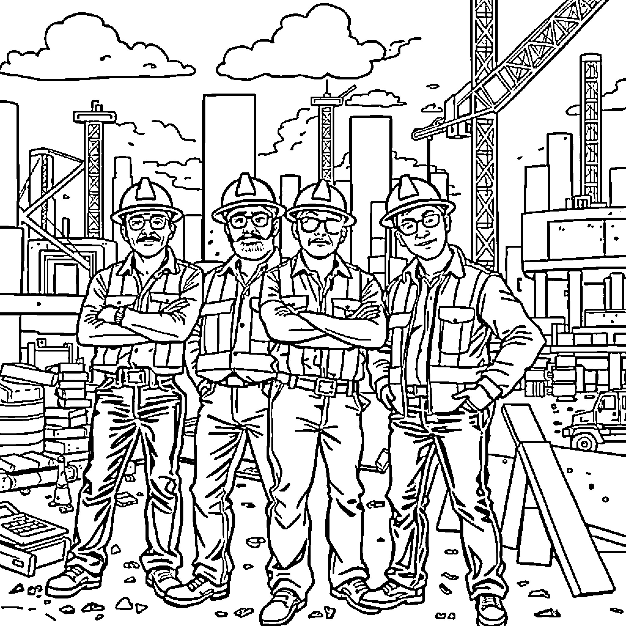 Goodfellas Working on Construction Site Coloring Page (free black-and-white line drawing printable PDF for all, from beginners to advanced learners, including children, teens, adults, and seniors)