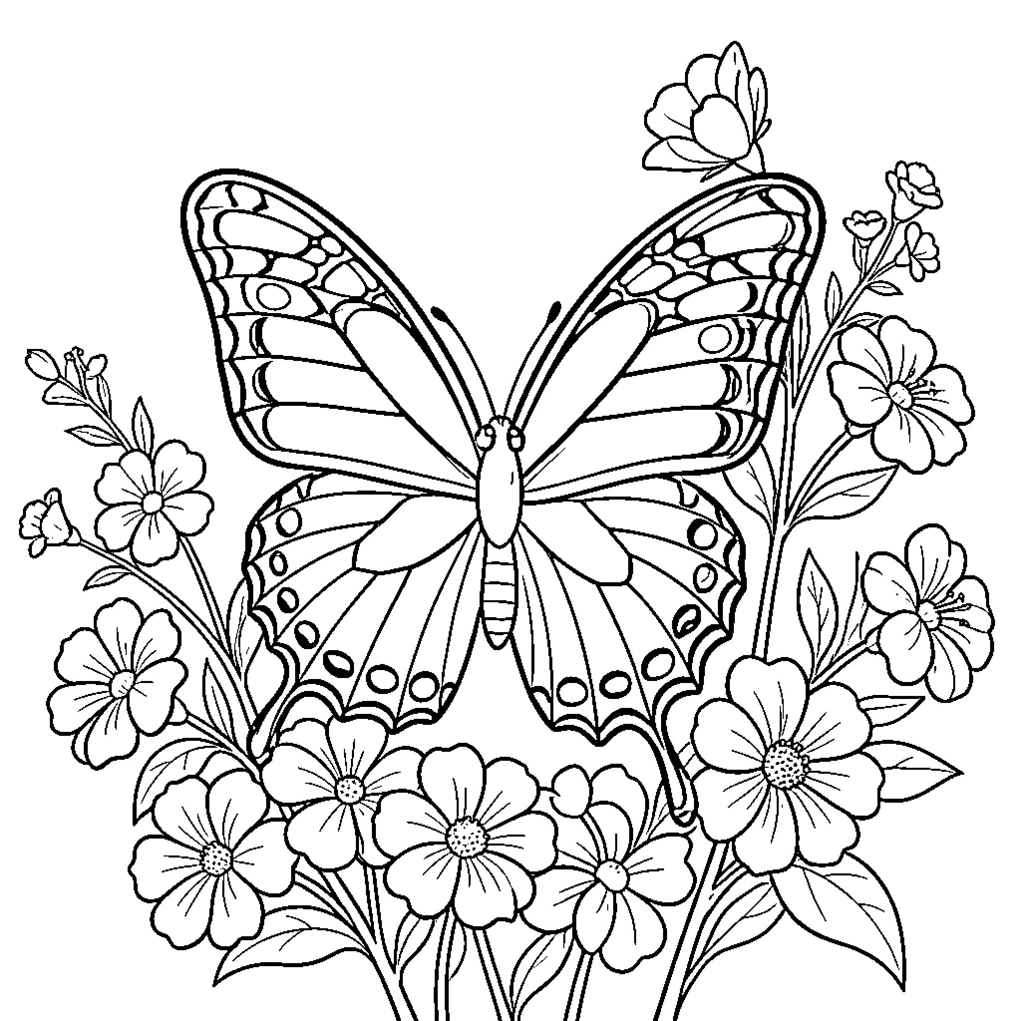 Butterfly resting gracefully among blooming garden flowers Coloring Page (free black-and-white line drawing printable PDF for all, from beginners to advanced learners, including children, teens, adults, and seniors)