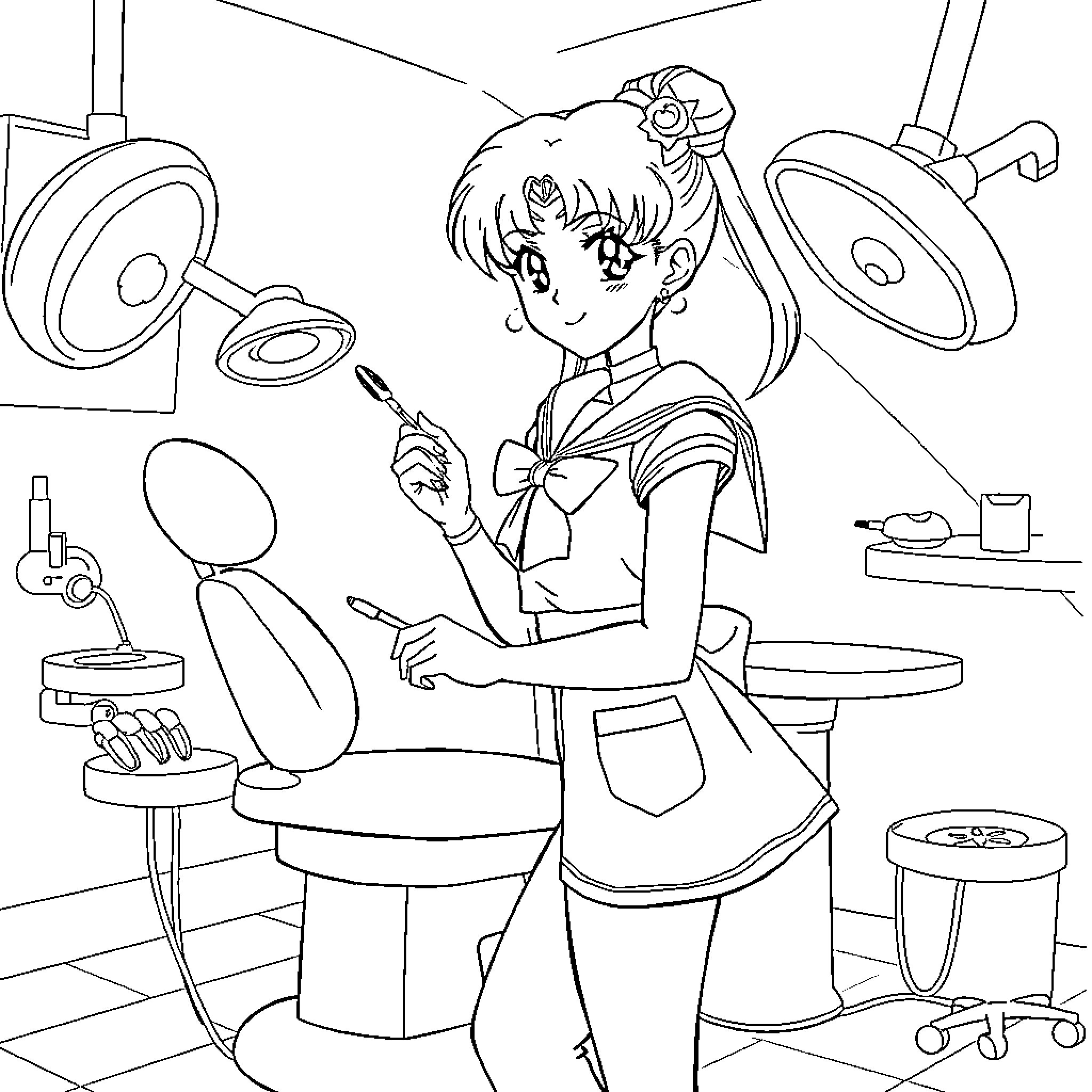 Sailor Moon in a Dental Clinic Coloring Page (free black-and-white line drawing printable PDF for all, from beginners to advanced learners, including children, teens, adults, and seniors)