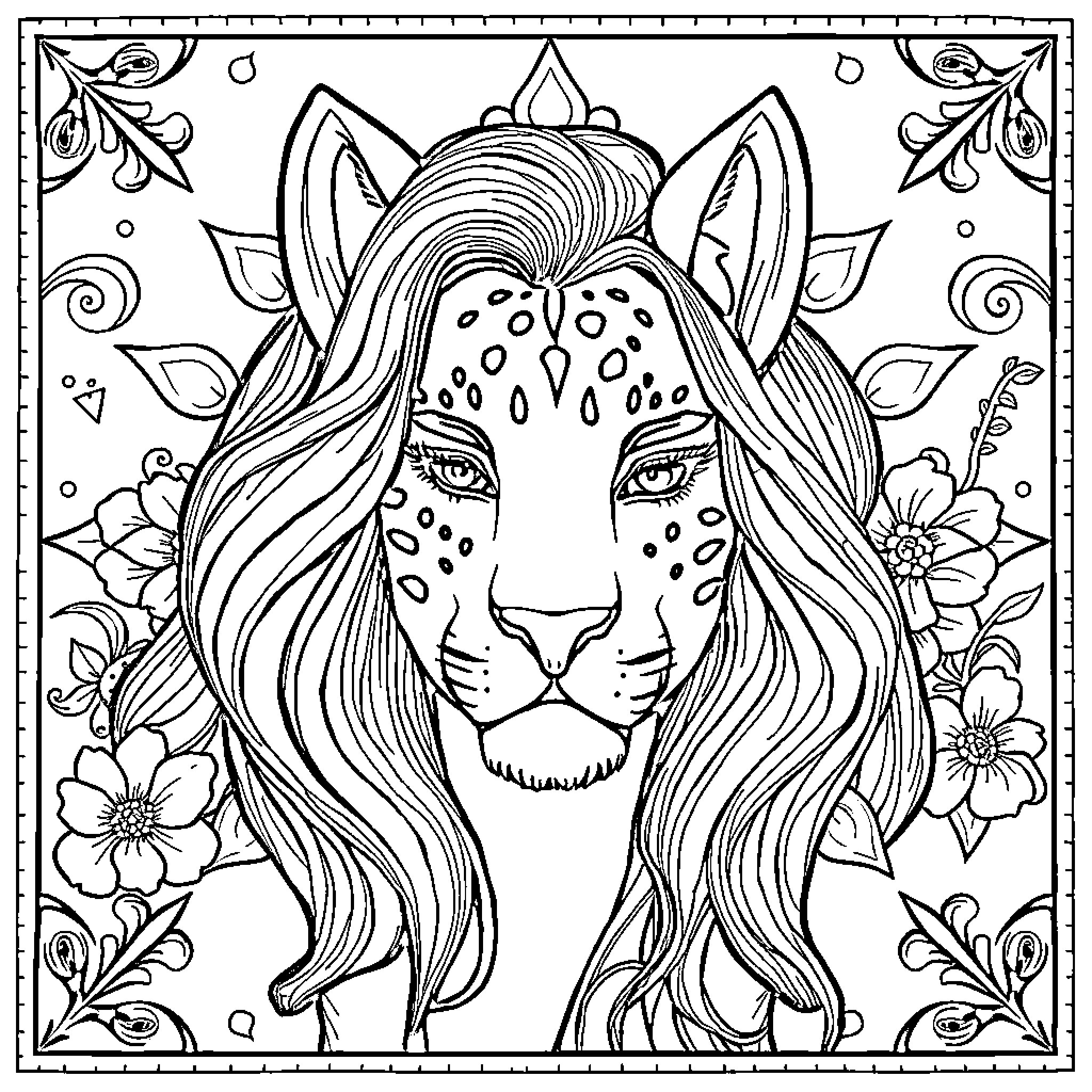 ילד עם נוכחות מיסטית בעולם פרחים Coloring Page (free black-and-white line drawing printable PDF for all, from beginners to advanced learners, including children, teens, adults, and seniors)