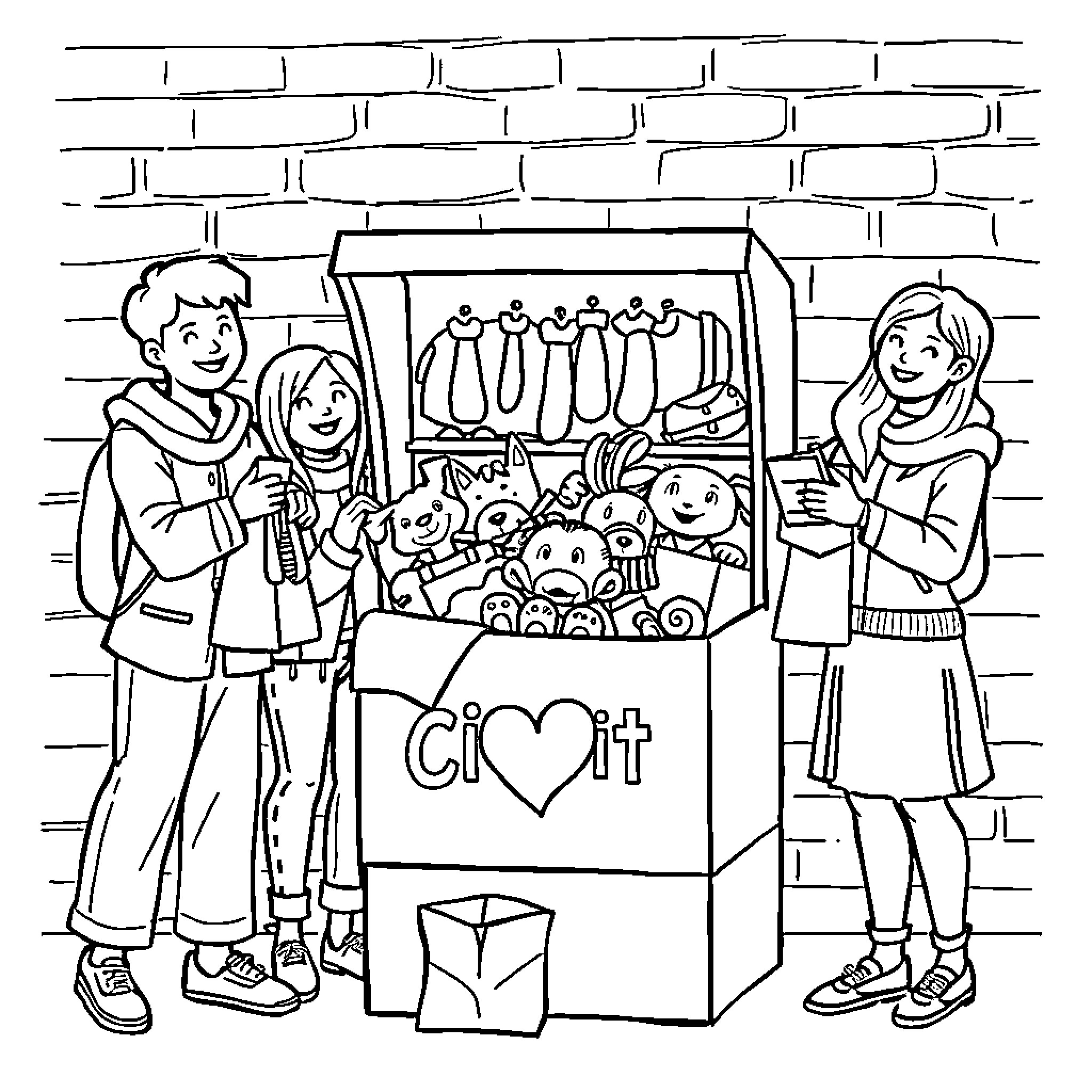Donation of toys and clothes for the community Coloring Page (free black-and-white line drawing printable PDF for all, from beginners to advanced learners, including children, teens, adults, and seniors)