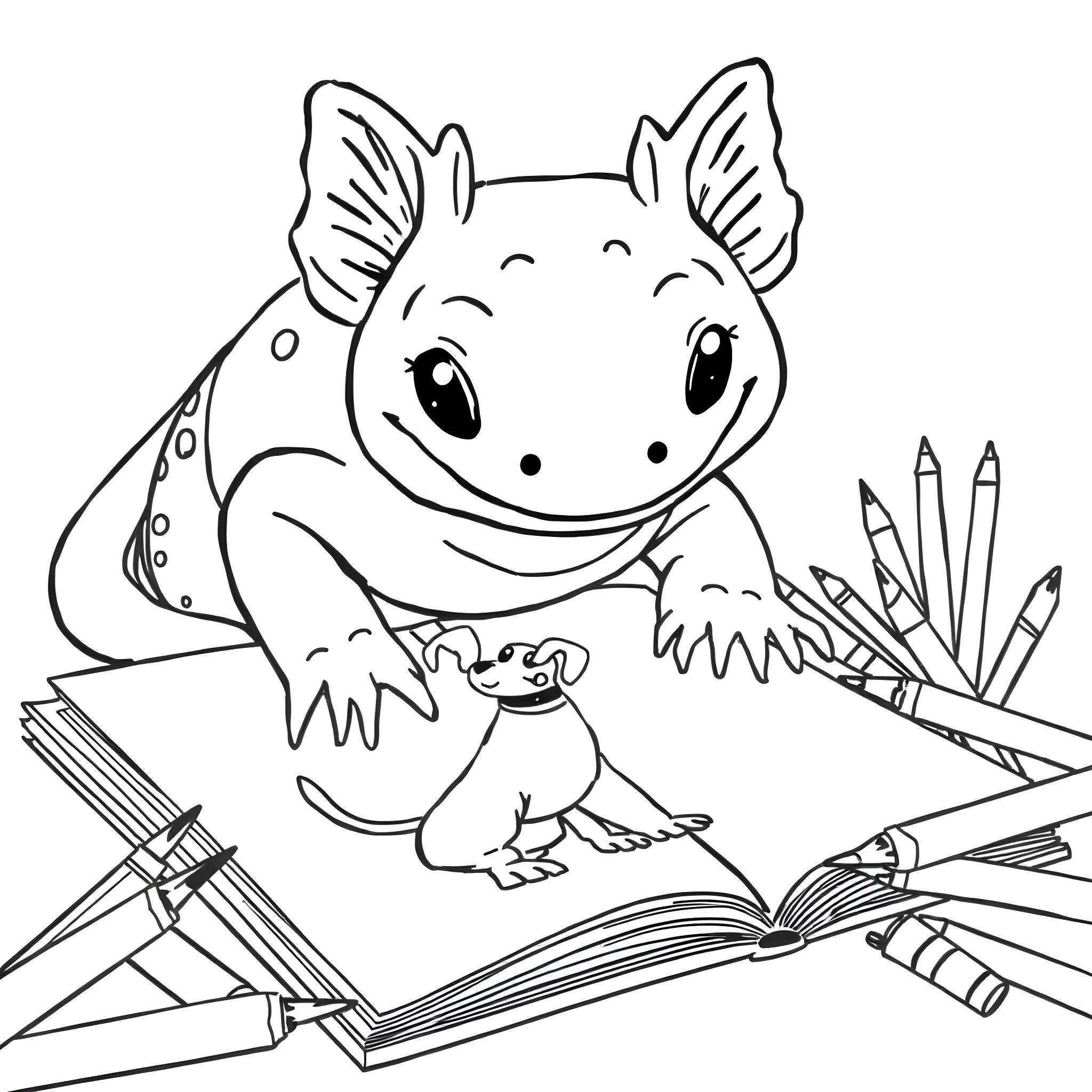 Axolotl reading book with school supplies Coloring Page (free black-and-white line drawing printable PDF for all, from beginners to advanced learners, including children, teens, adults, and seniors)
