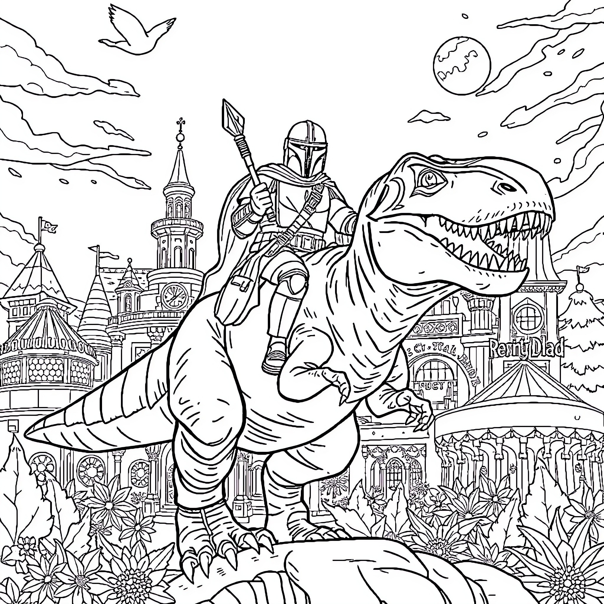 Mandalorian Warrior Riding Fierce Tyrannosaurus Rex Coloring Page (free black-and-white line drawing printable PDF for all, from beginners to advanced learners, including children, teens, adults, and seniors)
