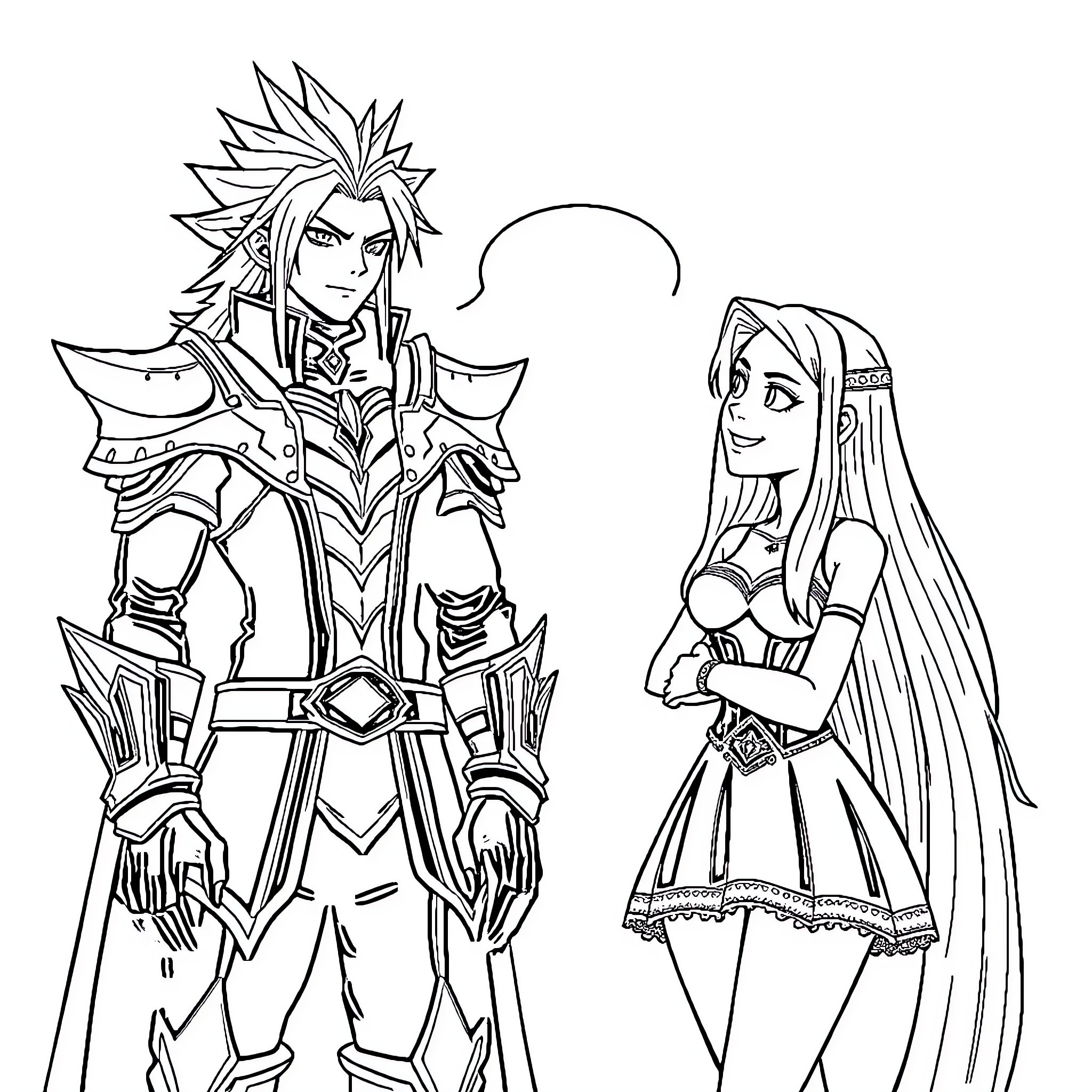Sephiroth and a Warrior Woman in Fantasy Attire Coloring Page (free black-and-white line drawing printable PDF for all, from beginners to advanced learners, including children, teens, adults, and seniors)