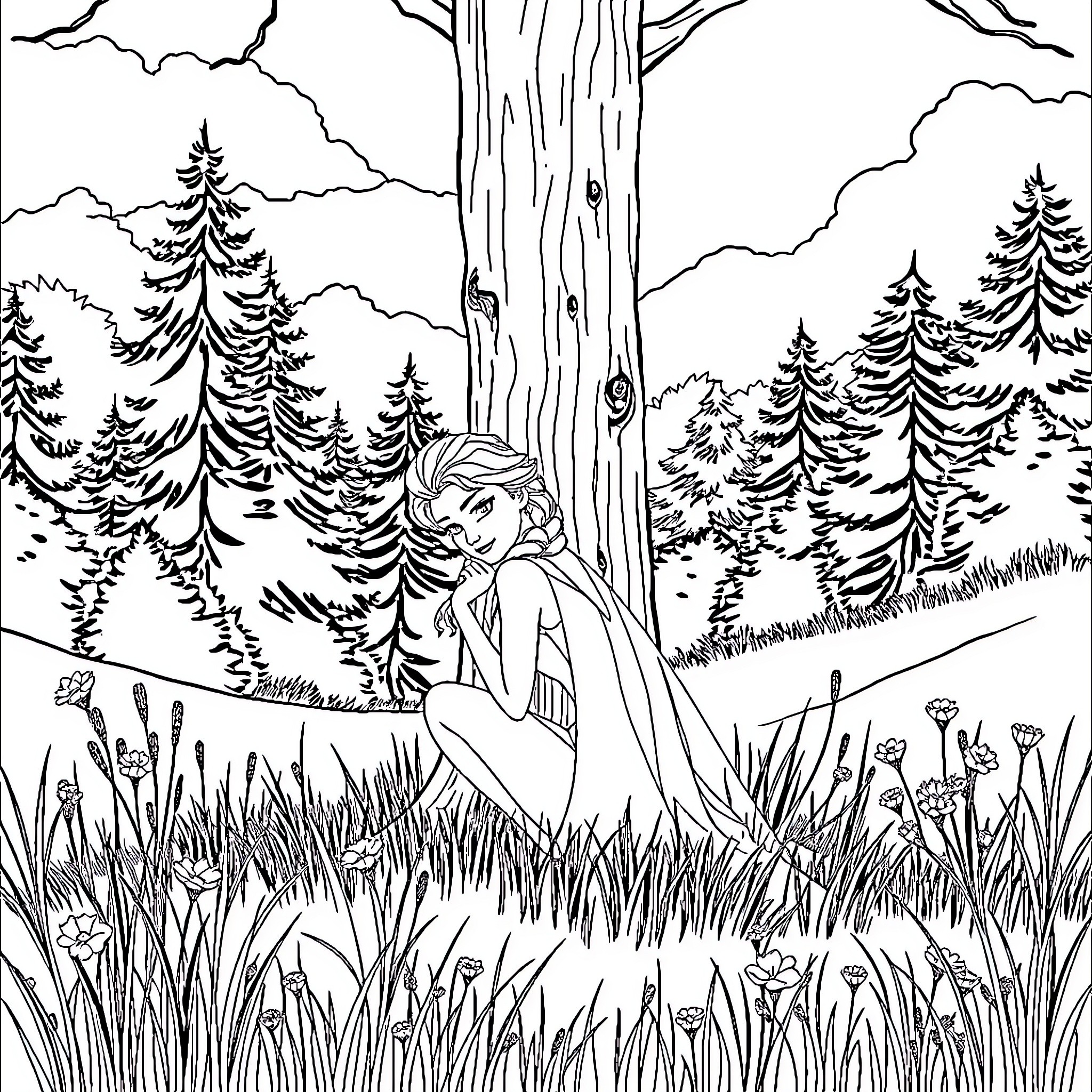 Elsa's Adventure in the Enchanted Forest Coloring Page (free black-and-white line drawing printable PDF for all, from beginners to advanced learners, including children, teens, adults, and seniors)