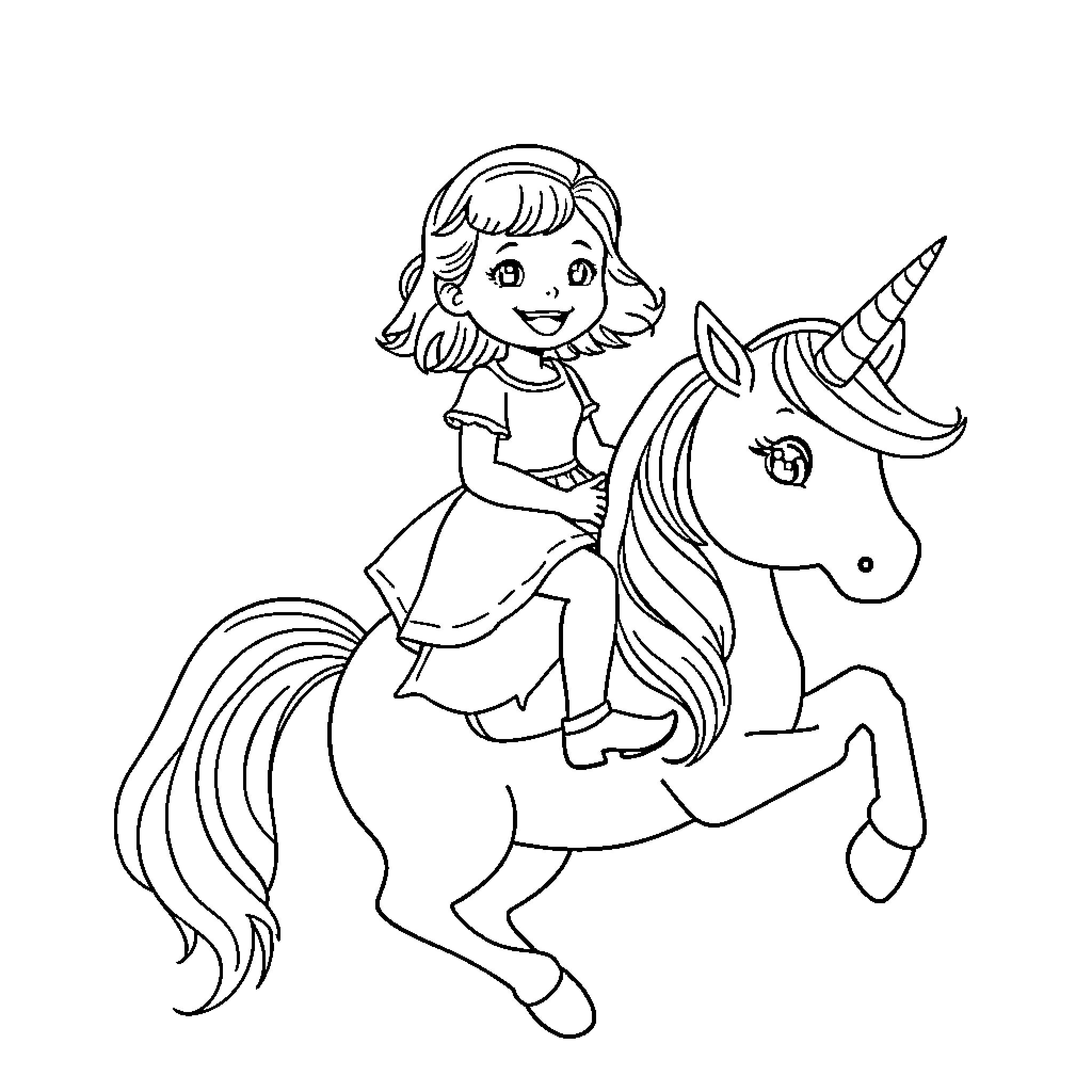 Girl riding magical unicorn happily Coloring Page (free black-and-white line drawing printable PDF for all, from beginners to advanced learners, including children, teens, adults, and seniors)