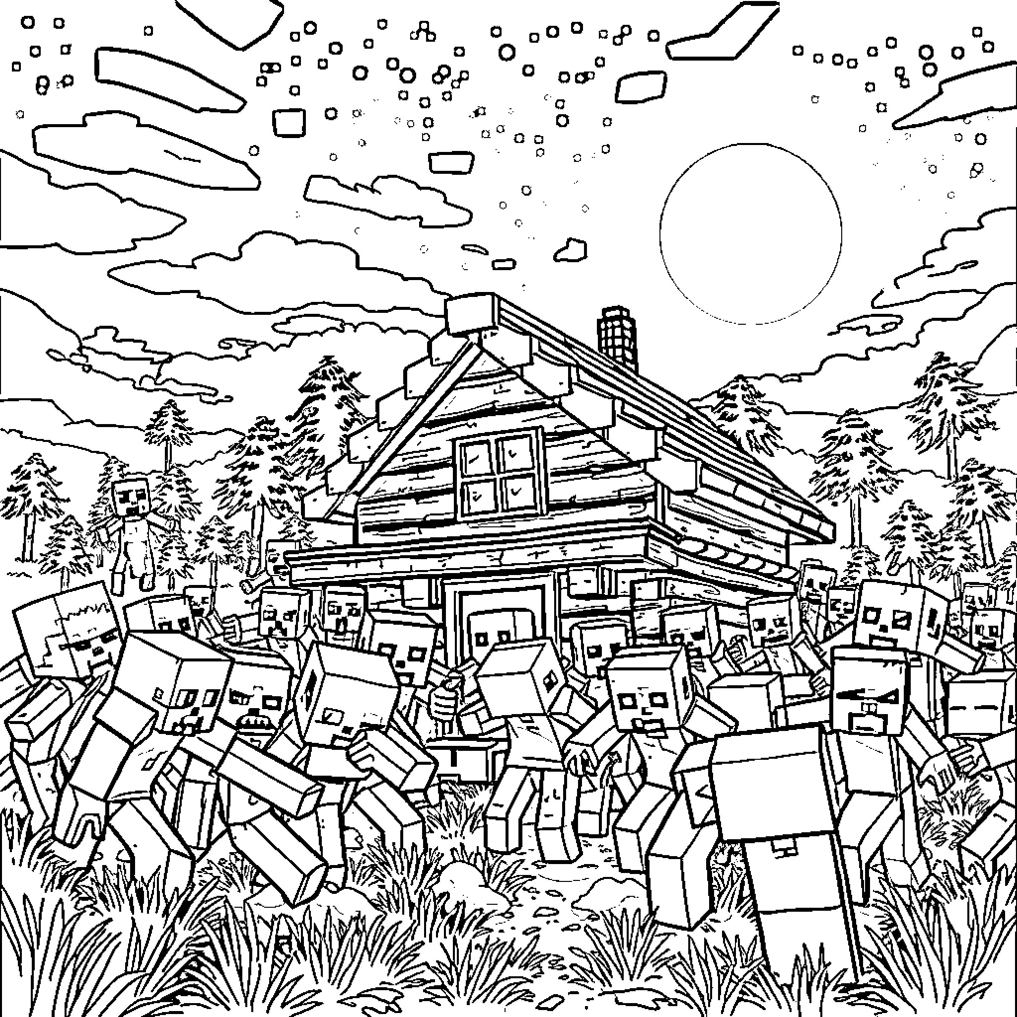 Zombie Horde Overrunning Isolated Mountain Cabin Coloring Page (free black-and-white line drawing printable PDF for all, from beginners to advanced learners, including children, teens, adults, and seniors)