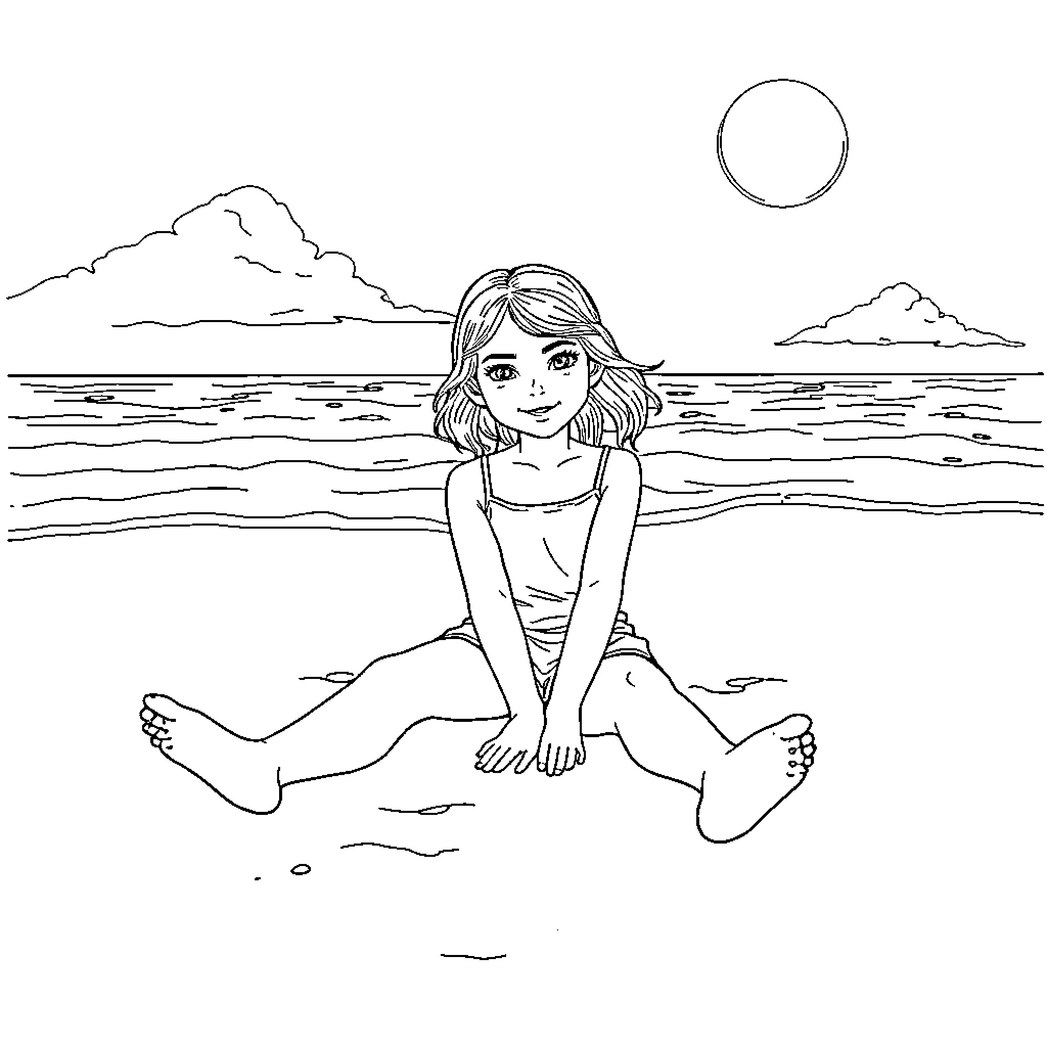 Girl sitting peacefully by the ocean Coloring Page (free black-and-white line drawing printable PDF for all, from beginners to advanced learners, including children, teens, adults, and seniors)