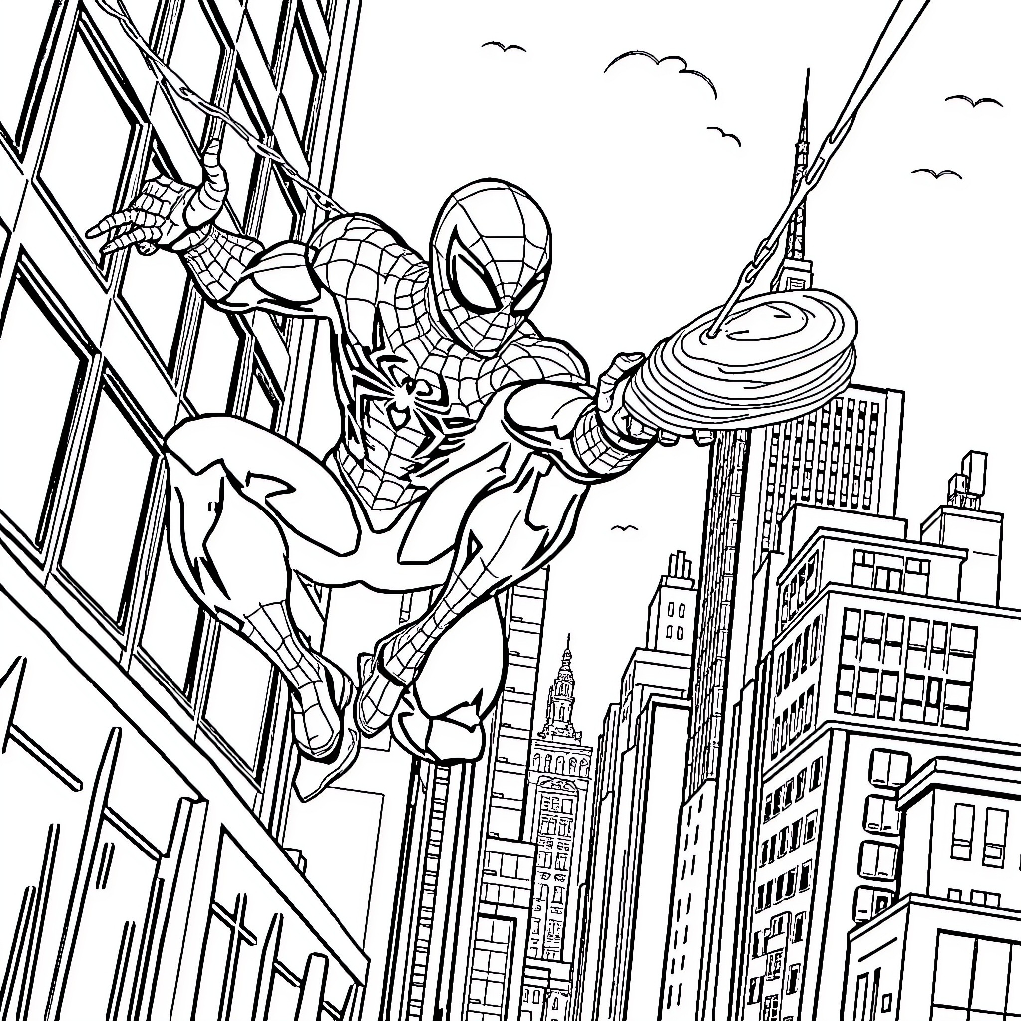 Spider-Man swinging through the city skyline Coloring Page (free black-and-white line drawing printable PDF for all, from beginners to advanced learners, including children, teens, adults, and seniors)