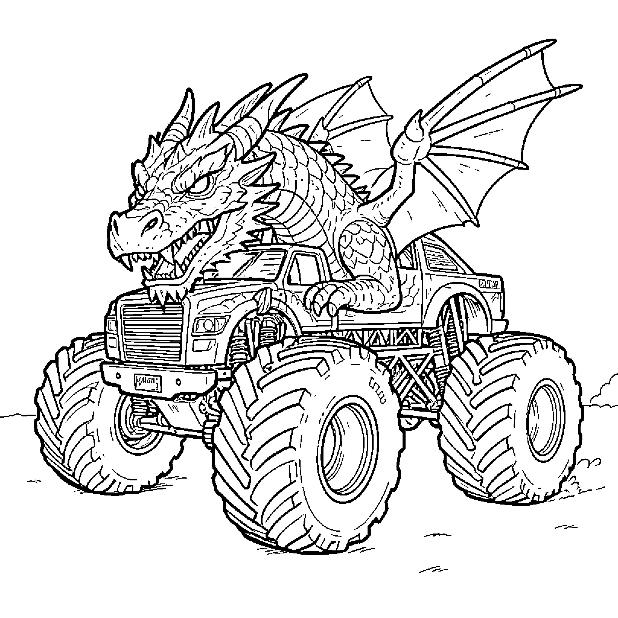 Monstertruck being ridden by a fierce dragon Coloring Page (free black-and-white line drawing printable PDF for all, from beginners to advanced learners, including children, teens, adults, and seniors)
