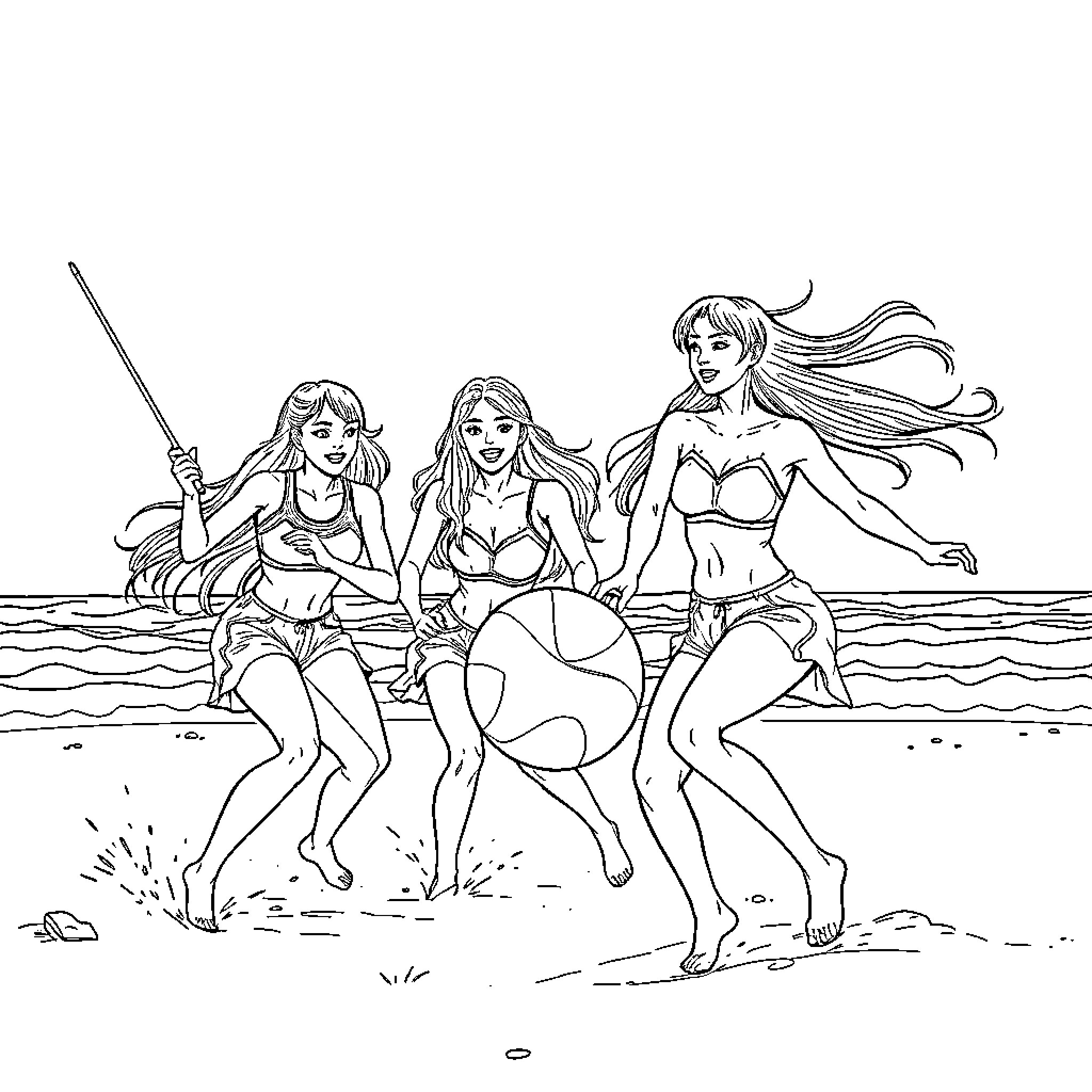 Guerrera Warriors on the Beach Coloring Page (free black-and-white line drawing printable PDF for all, from beginners to advanced learners, including children, teens, adults, and seniors)