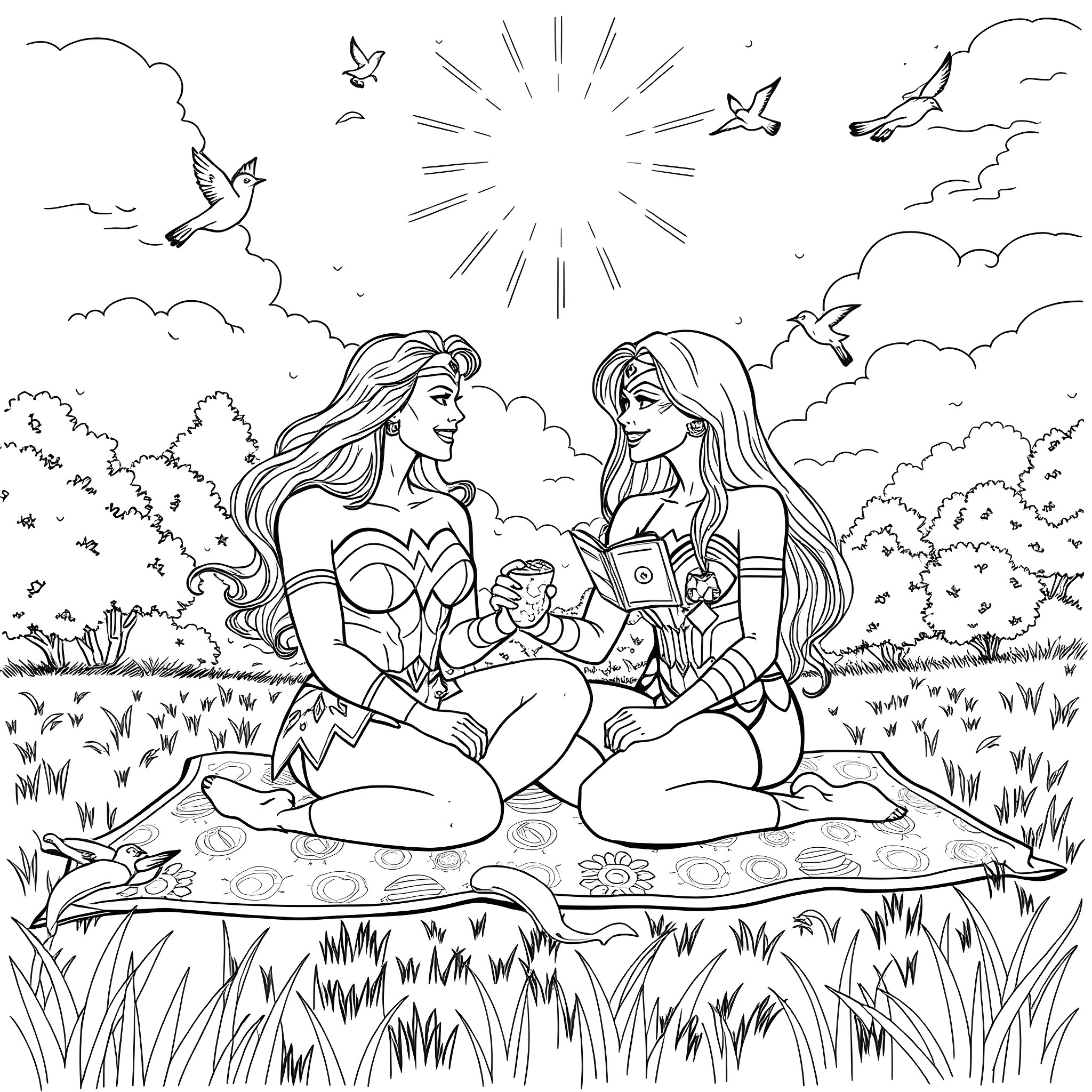 Wonder Woman in Heroic Sisterly Bonding Coloring Page (free black-and-white line drawing printable PDF for all, from beginners to advanced learners, including children, teens, adults, and seniors)