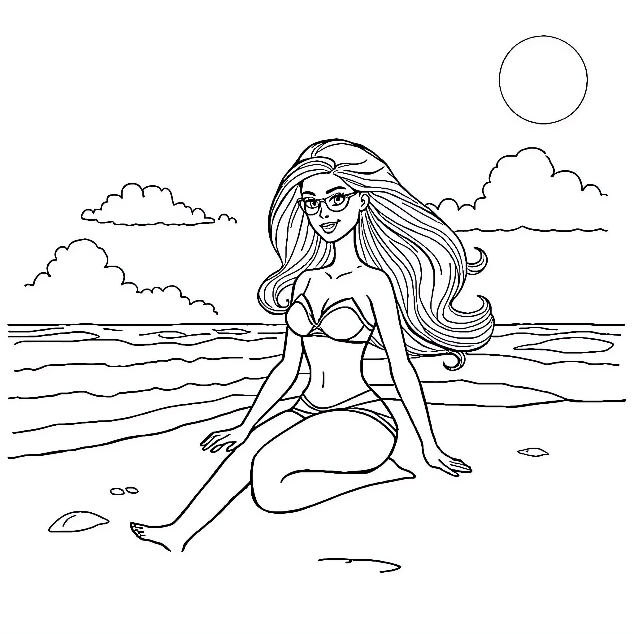 Barbie relaxing on the beach Coloring Page (free black-and-white line drawing printable PDF for all, from beginners to advanced learners, including children, teens, adults, and seniors)