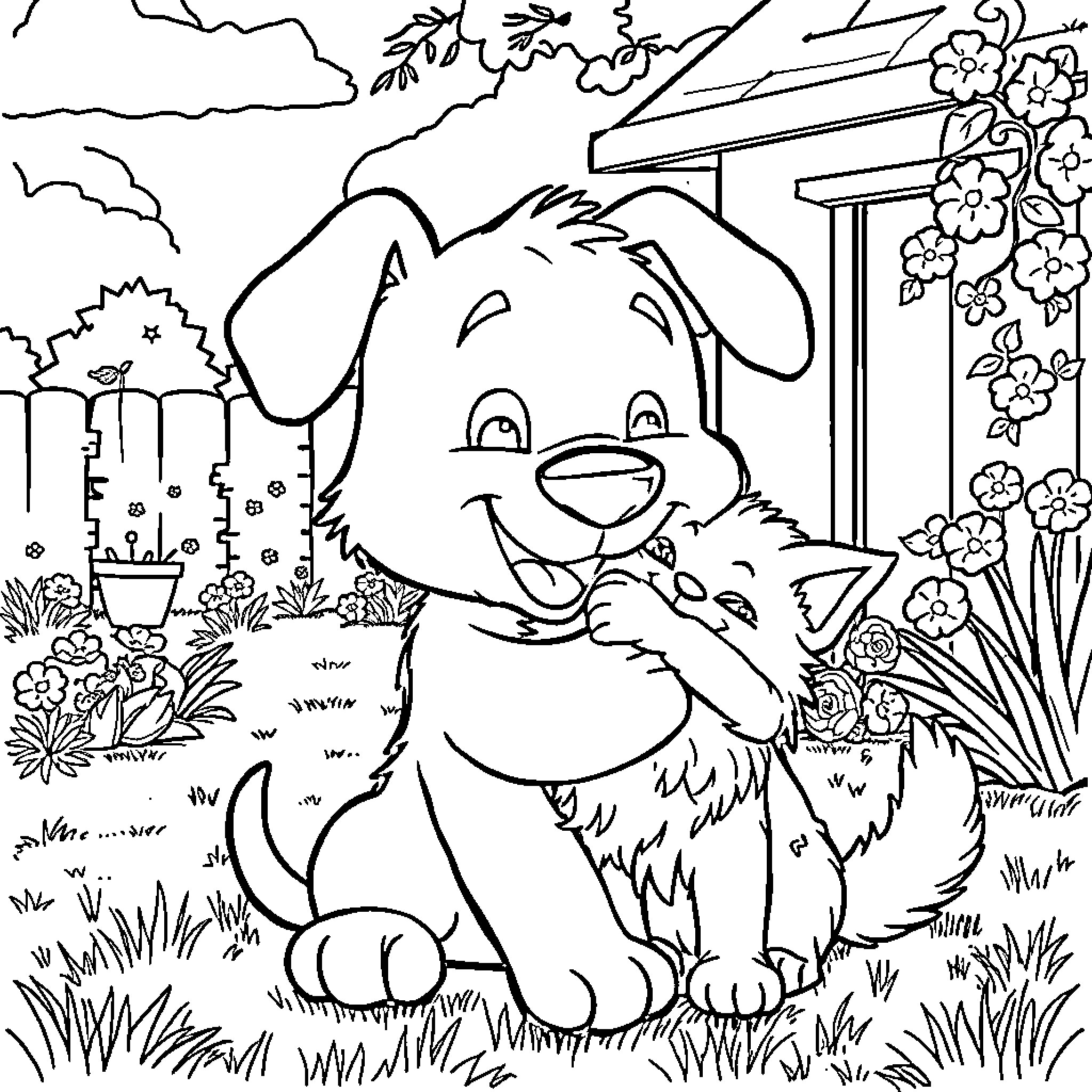 Bluey and Bingo playing in the garden Coloring Page (free black-and-white line drawing printable PDF for all, from beginners to advanced learners, including children, teens, adults, and seniors)