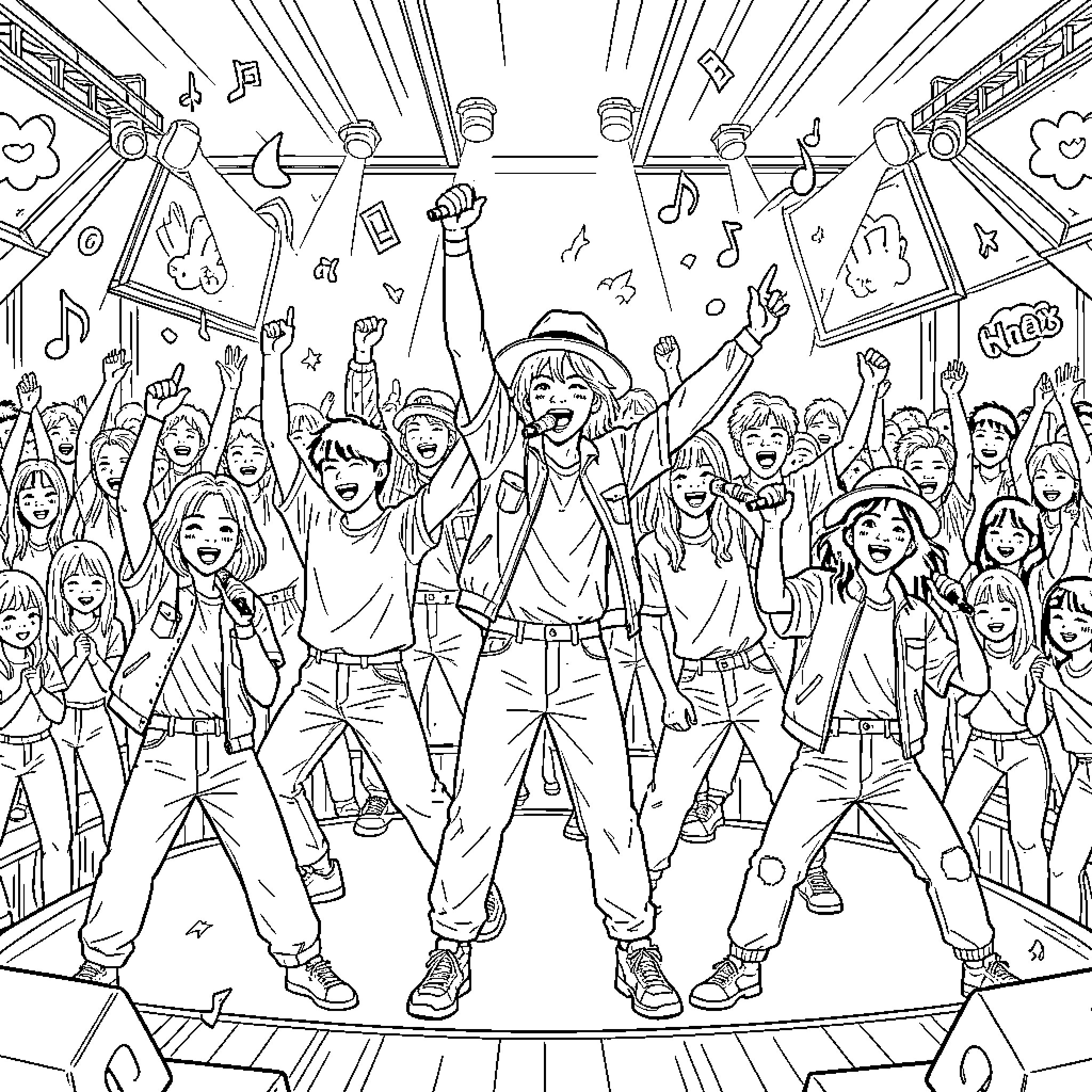 K Pop idols performing energetically on a concert stage Coloring Page (free black-and-white line drawing printable PDF for all, from beginners to advanced learners, including children, teens, adults, and seniors)